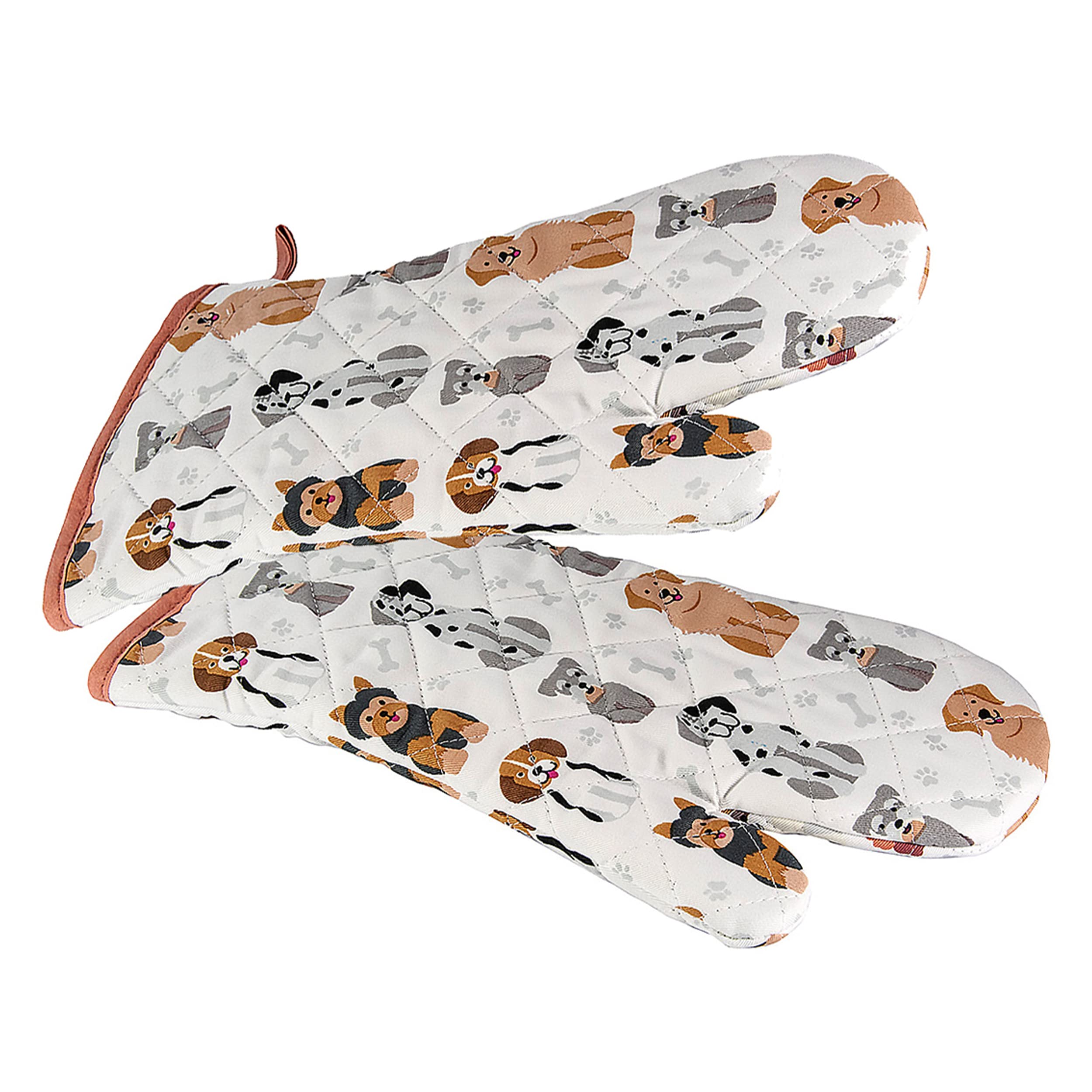 Spotted Dog Gift Company Dog Oven Mitts, Heat Resistant Oven Gloves Set 2 Cute Happy Dogs Themed 100% Cotton Kitchen Accessories