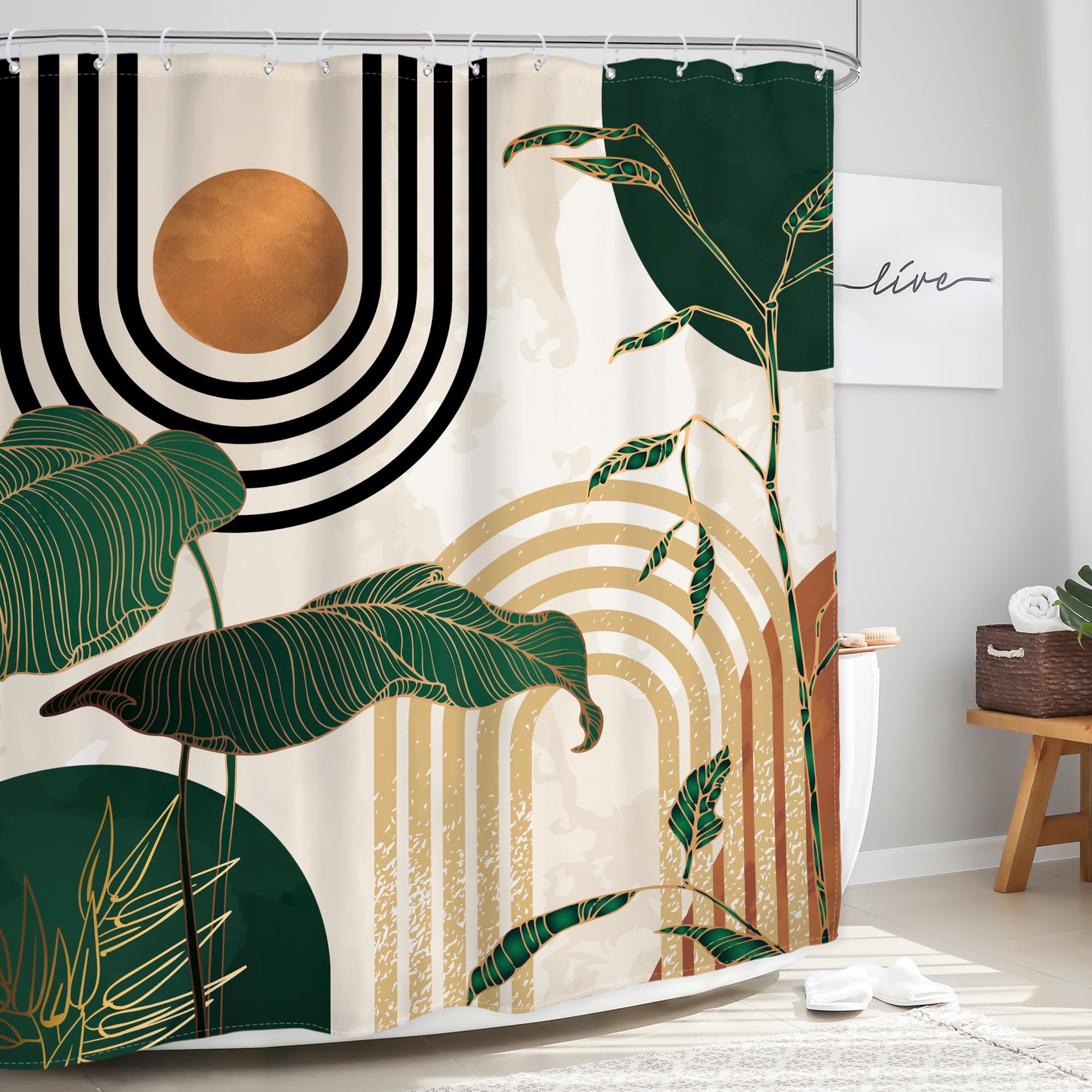 Glawry Green Abstract Mid Century Shower Curtain Boho Retro Tropical Palm Tree Sun Arch Minimalist Modern Bathroom Aesthetic Geo