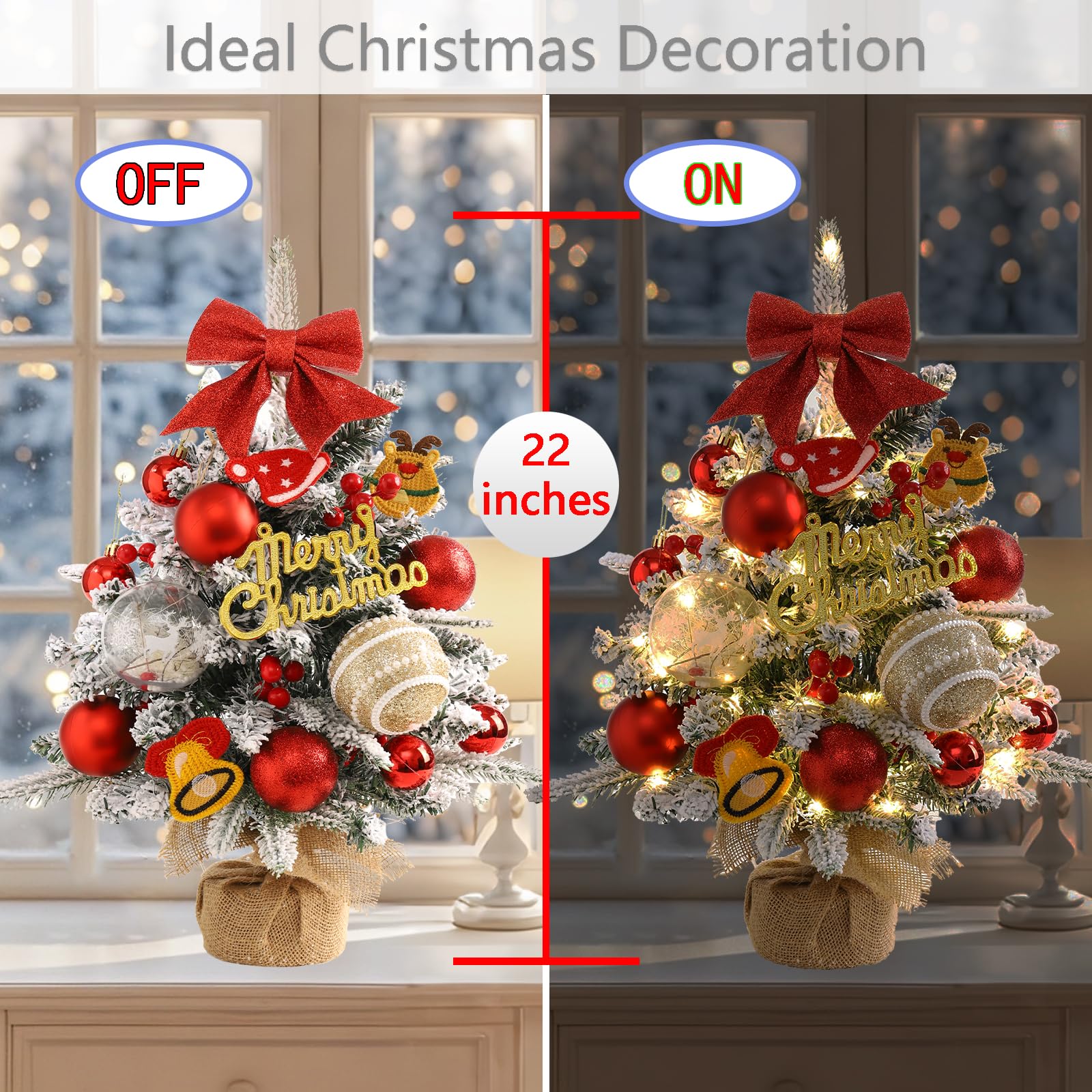 Mini Christmas Tree,22 Inches Artificial Tabletop Christmas Tree with 50 Lights(8 Modes),Snow Flocked Small Christmas Tree with