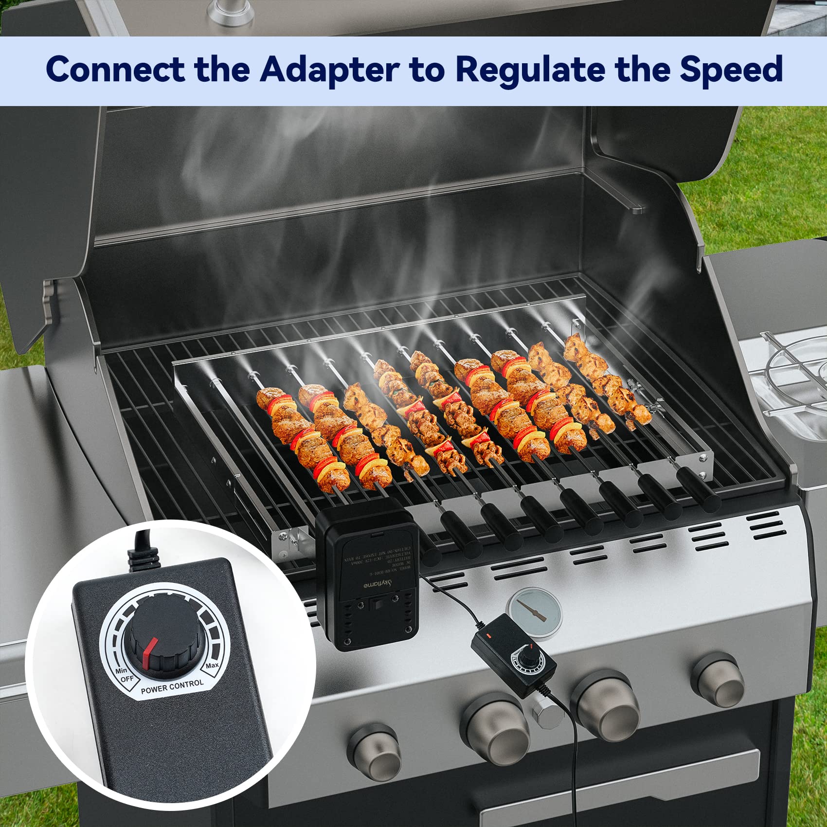 Skyflame Stainless Steel Electric Barbecue Shish Kabob Skewer Set With 9Pcs Skewers, Automatic Rotating Skewer Turner With Adjus