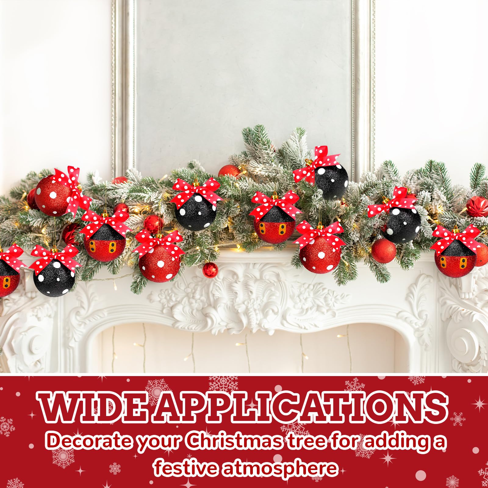 Suncalla 24 Pcs 2.4 Inch Christmas Glitter Ball Ornaments Mouse Plastic Ball with Dot Bow Tree Ornaments Cartoon Mouse Balls Red