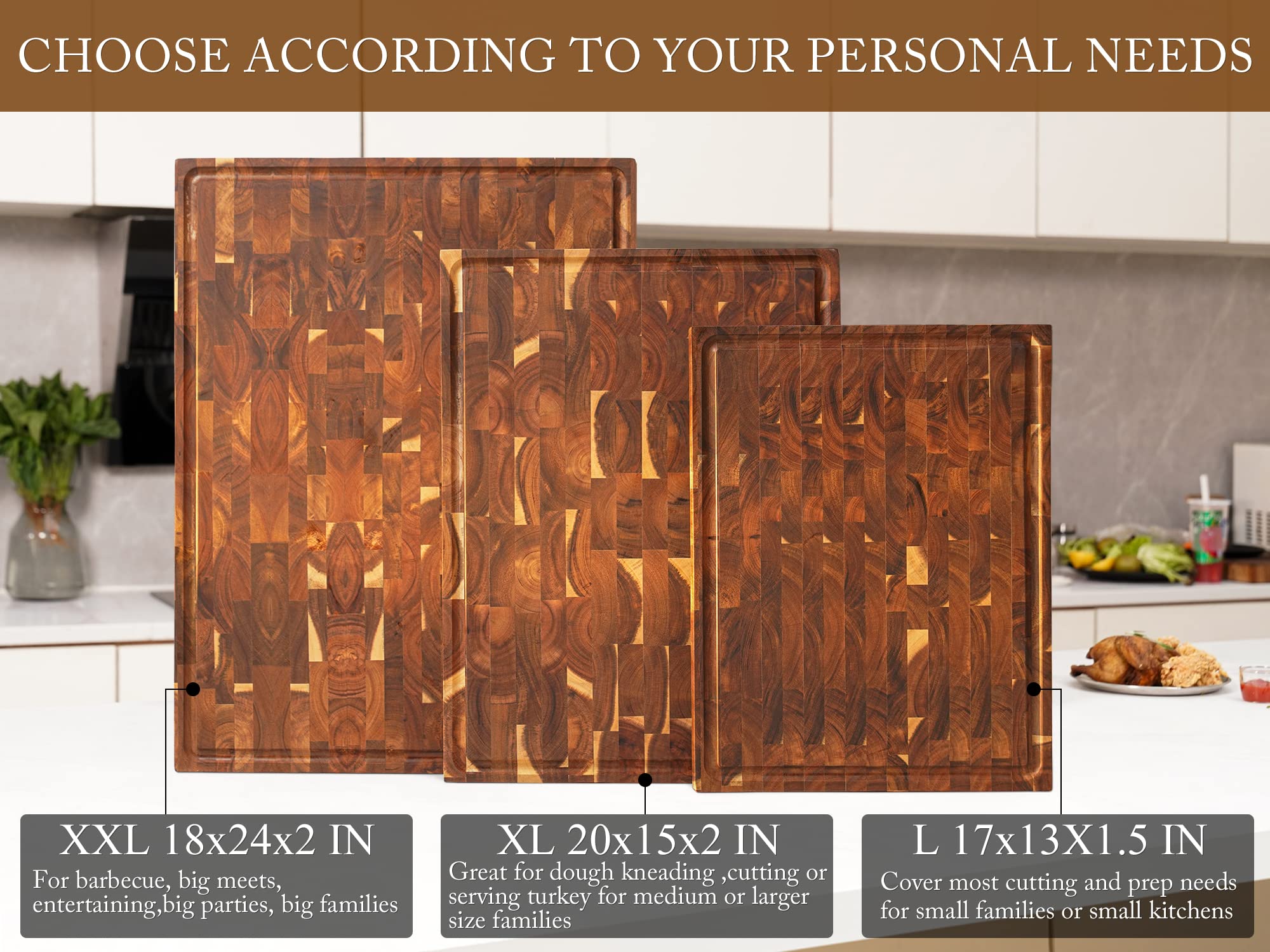 AZRHOM Thick End Grain Acacia Wood Cutting Board 20x15x2 In, Wooden Butcher Block, Chopping Board For Kitchen with Juice Groove