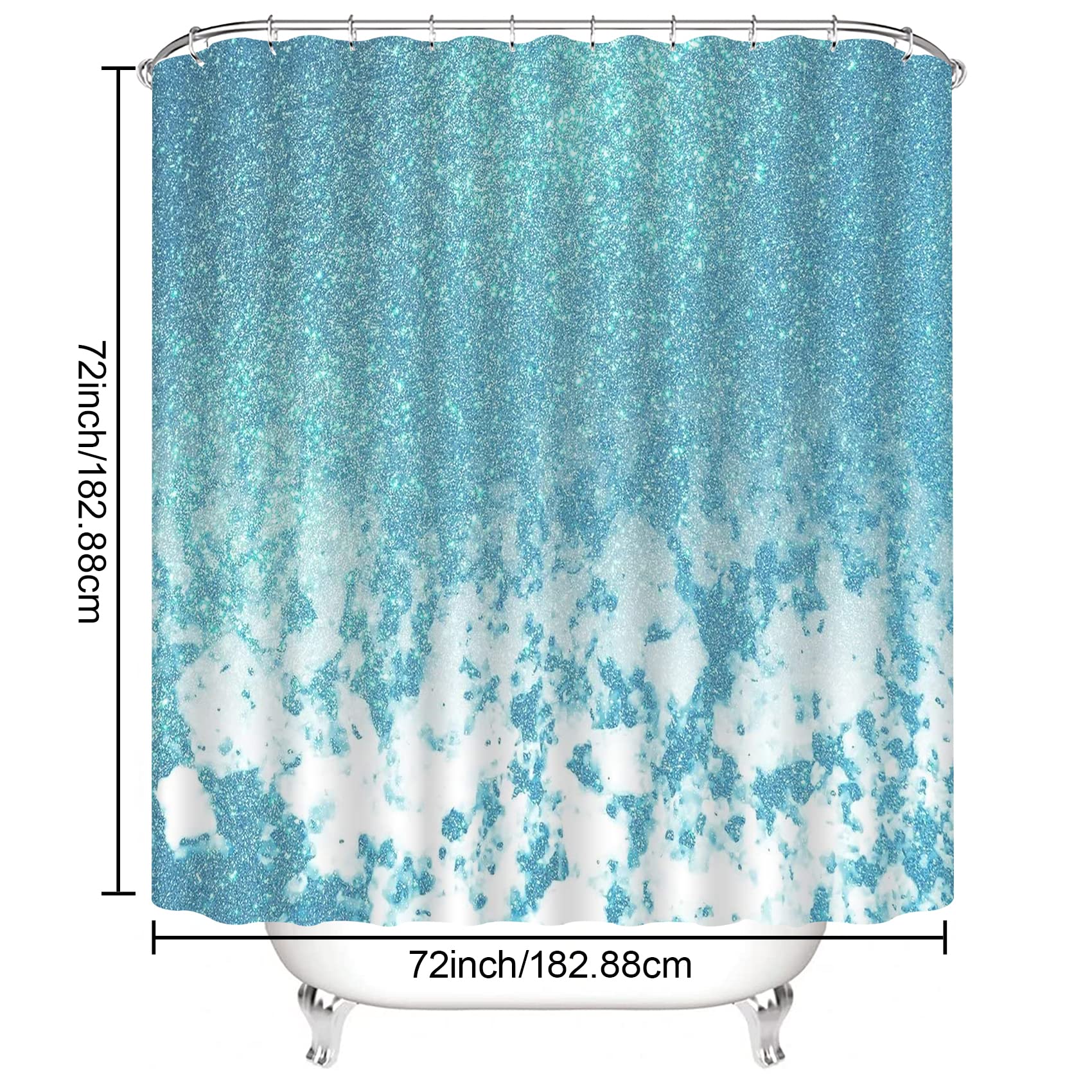 Beifivcl 4Pcs Blue Flash Shower Curtain Sets With Non-Slip Rugs, Toilet Lid Cover And Bath Mat, Glitter Marble Bathroom Decor Se