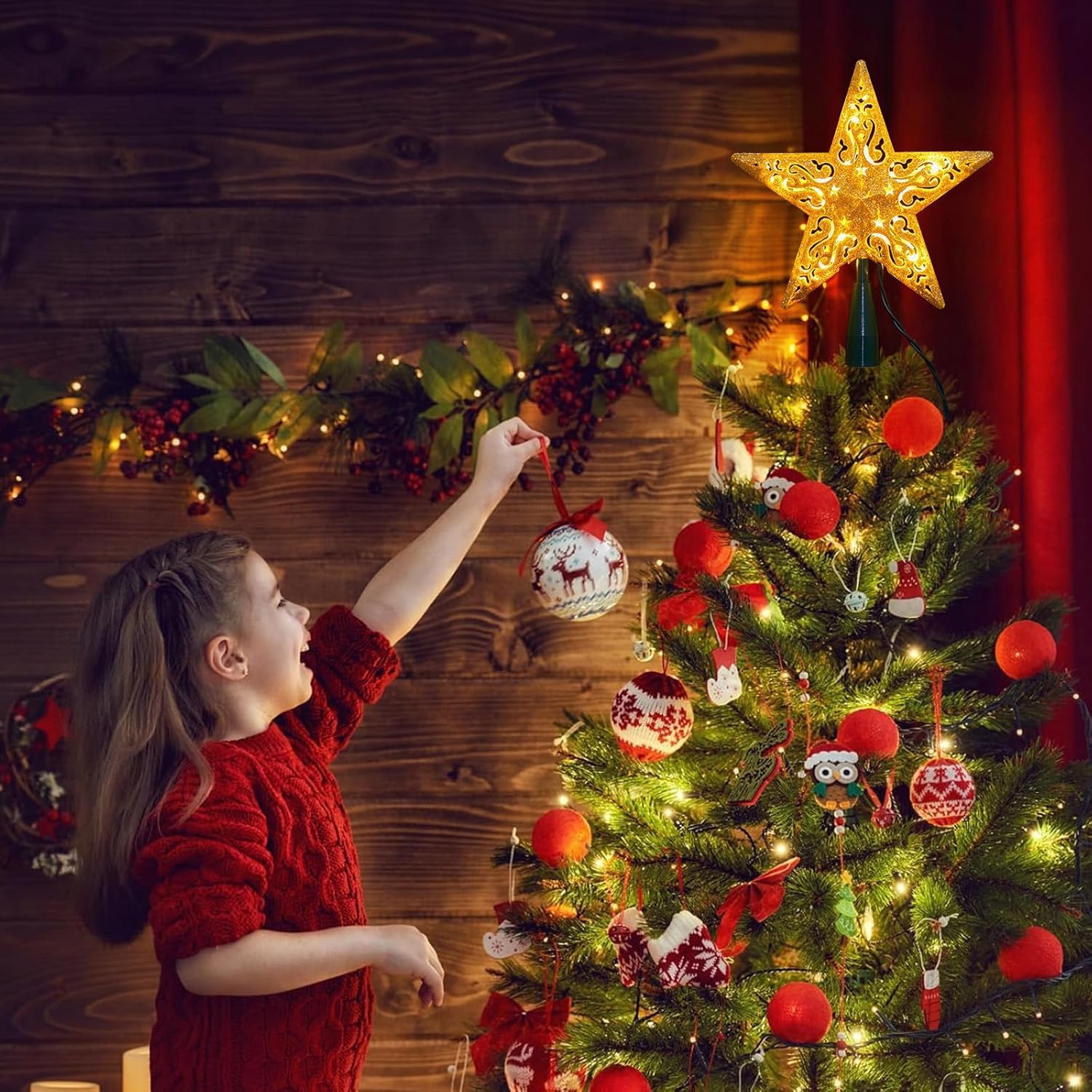 Christmas Star Tree Topper Lighted 7.87    Hollowed 3D Pentagram Built-in 10 Bulbs Hollow Gold Treetop with Glitter Plug in (4 B