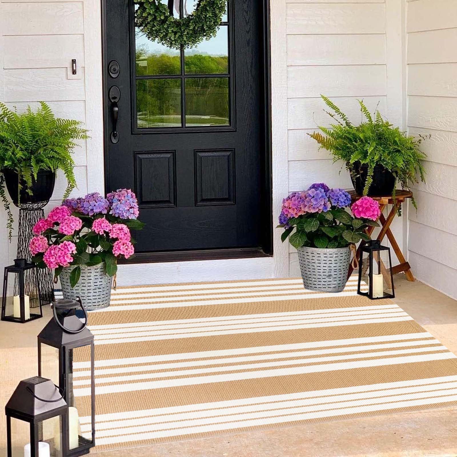 BUAGETUP Khaki and White Outdoor Rug 3x 5 Hand-Woven Cotton Washable Rug Striped Front Porch Rug Machine Washable Indoor/Outdo