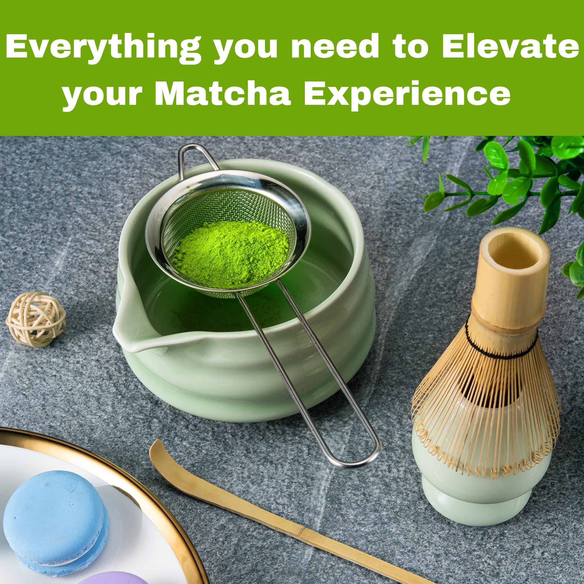 Marce Matcha Whisk Set - Bamboo Matcha Whisk and Bowl with Spout, Sifter, Holder, Scoop - Green, Standard Size