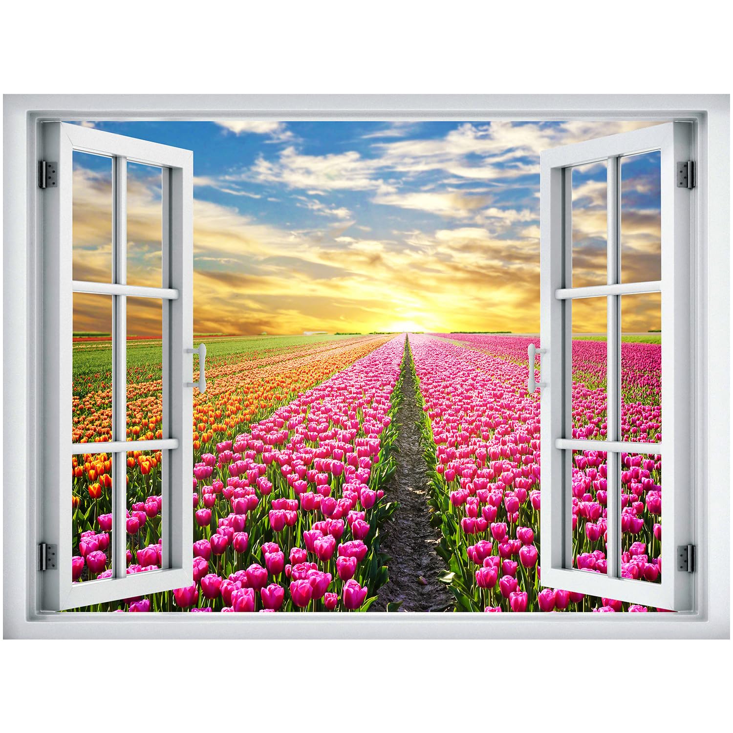 wall26 Removable Wall Sticker/Wall Mural Window View Vibrant Neon Sunset Pink Tulip Flower Field Nature Wilderness Photography Realism Landscape Multicolor for Living Room  Bedroom  Office - 24''x32''