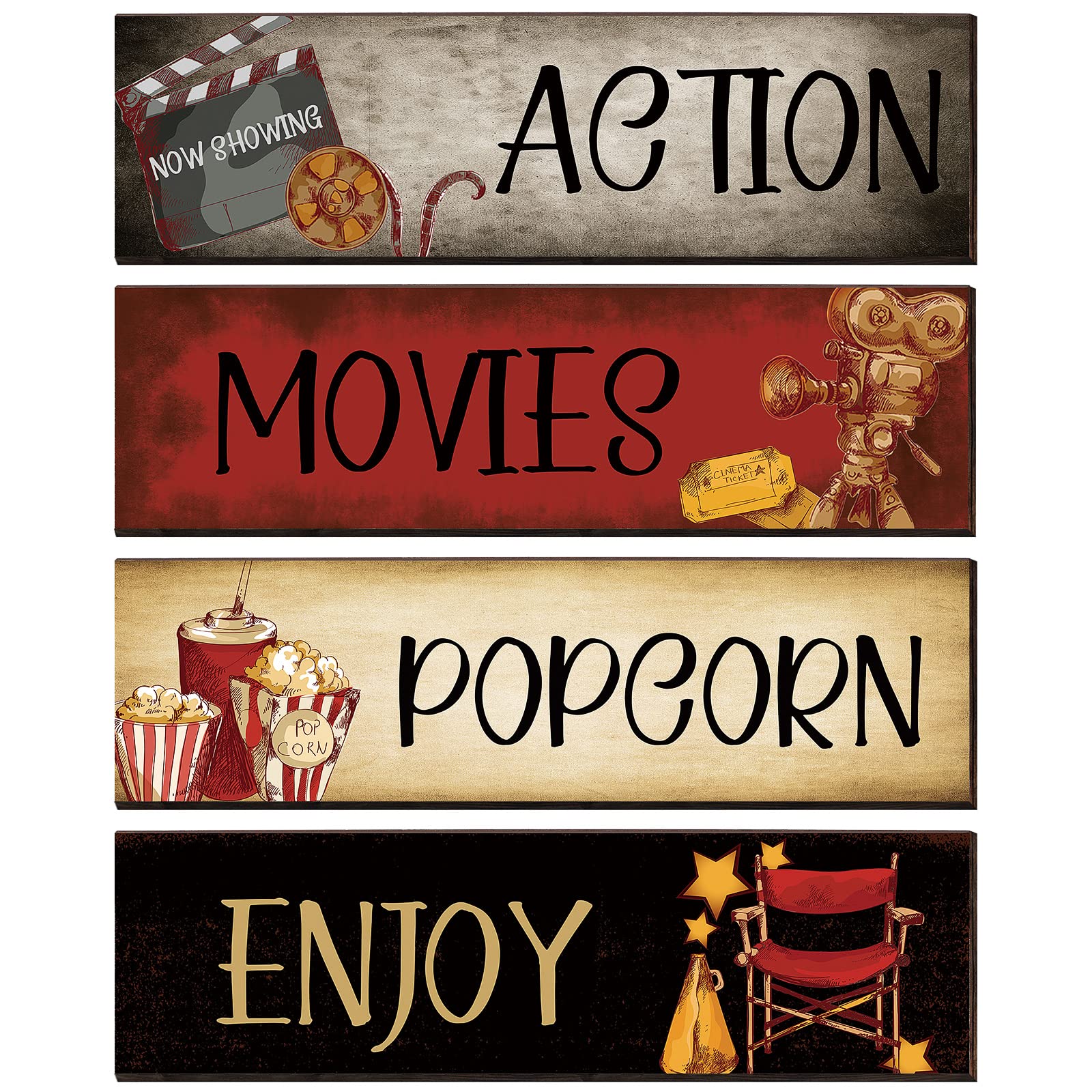 Movie Theater Decor 4 Pieces Wooden Home Theater Decor Vintage Movie Theater Decor for Home Popcorn Enjoy Film Classic Decor Rus