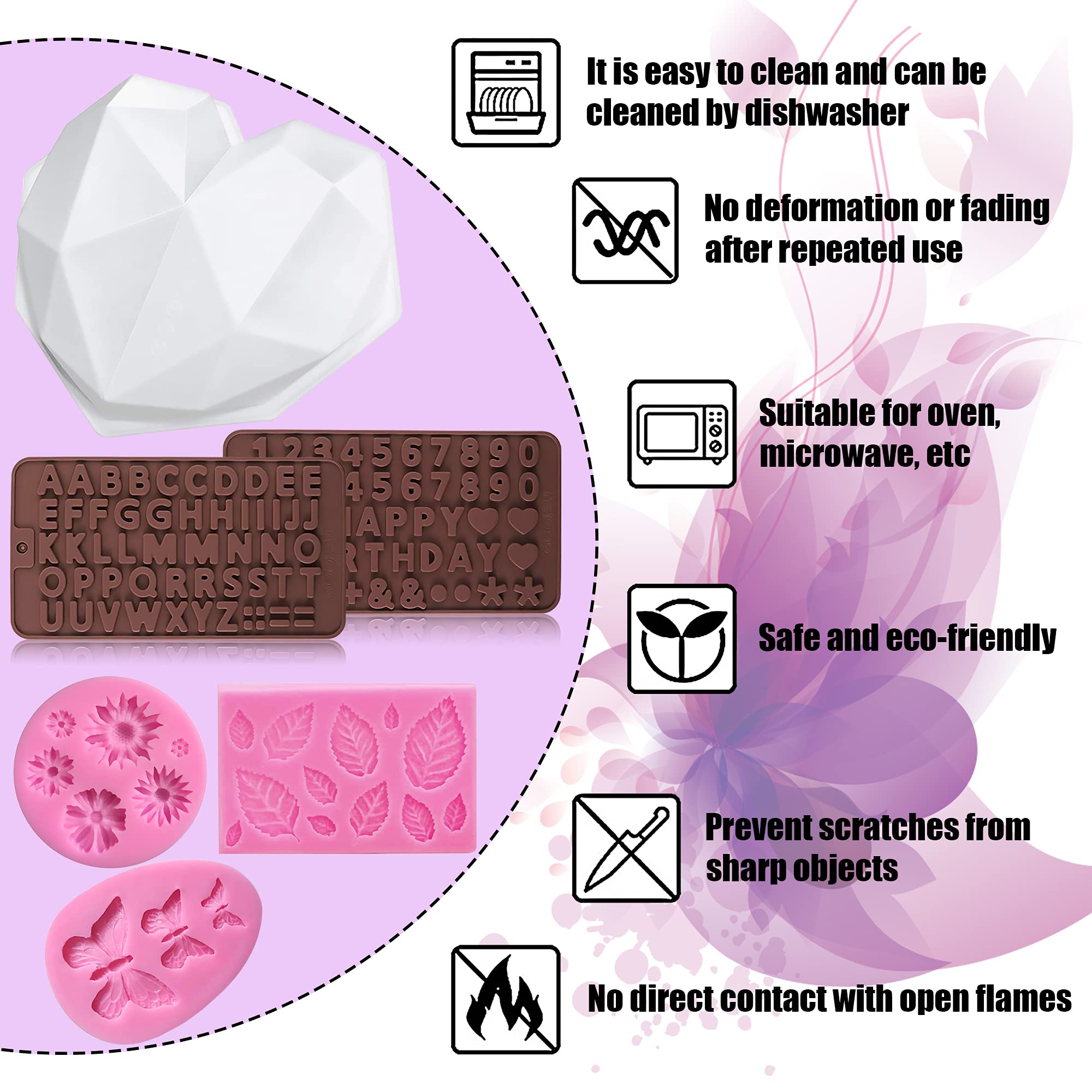Twavang Chocolate Molds Set Of 12, Include Breakable Heart Mold, Letter And Number Silicone Molds, Leaf Mold, Daisy Flower Mold,