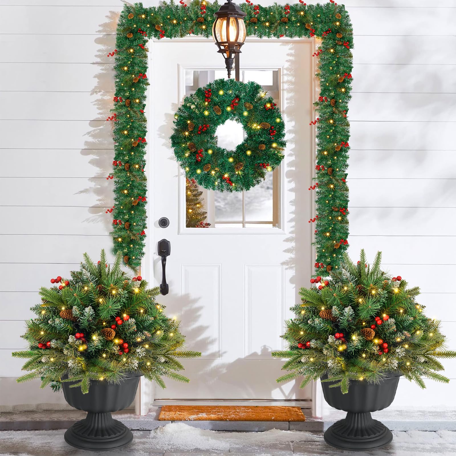 2 Pack Christmas Tree Urn Filler, Battery Operated with Timer, Pre-lit Warm White & Multi-Color Changing LED Lights, 21in Artifi