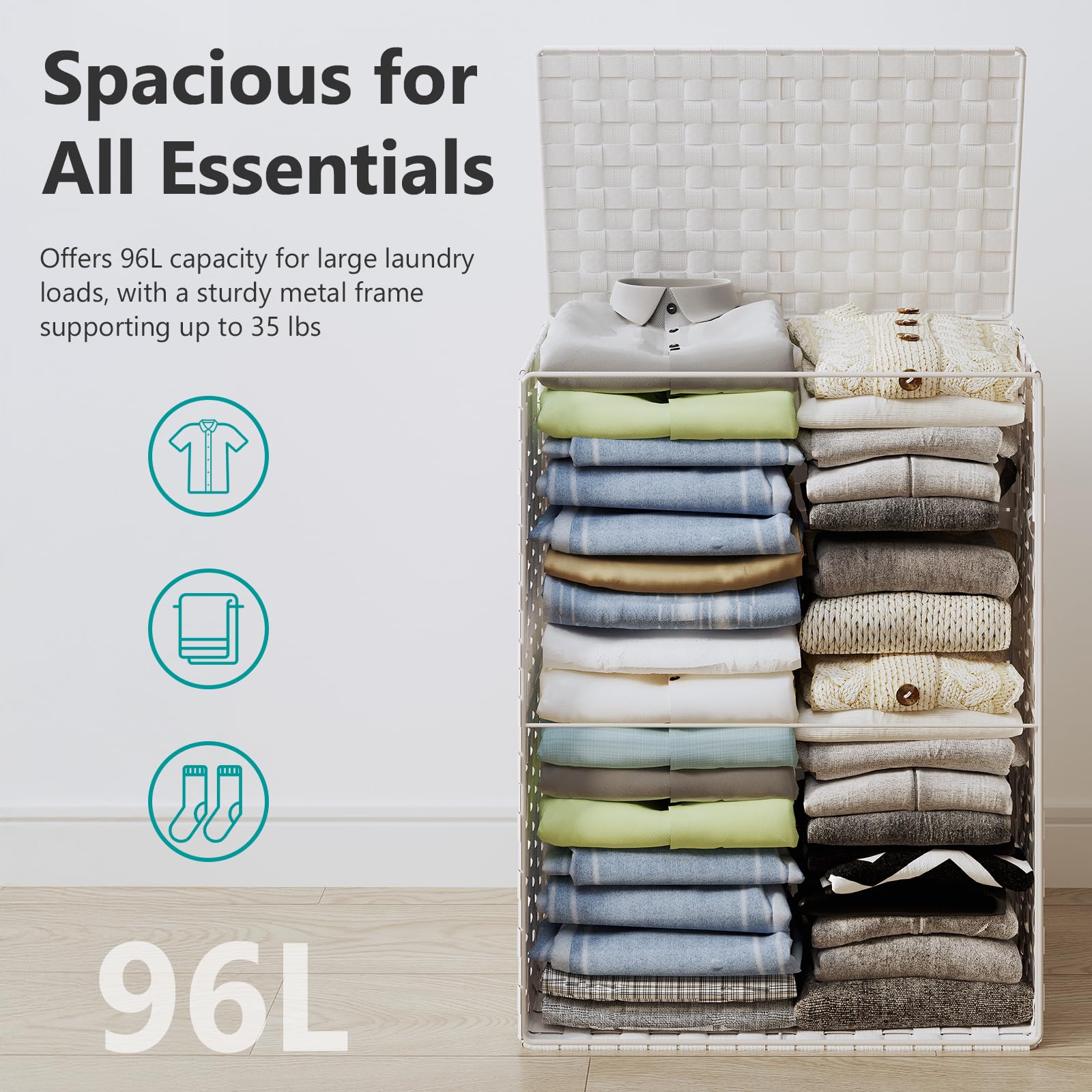 Fiona's magic Laundry Hamper Basket with Lid  Handwoven 90L Large Clothes Hamper with Removable Liner Bags  Collapsible White Tall Hamper for Bathroom  Bedroom and Dorm Room Organizer