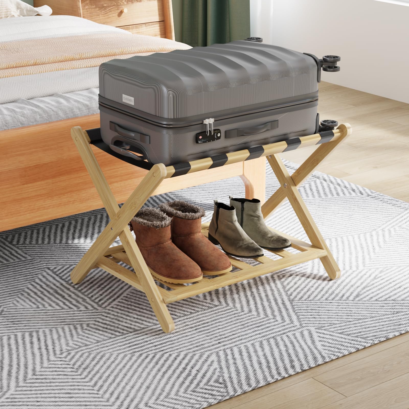 Smuxee Fully Assembled Luggage Rack For Guest Room, Upgraded Bamboo Foldable Suitcase Stand With 5 Nylon Straps, Nature Luggage