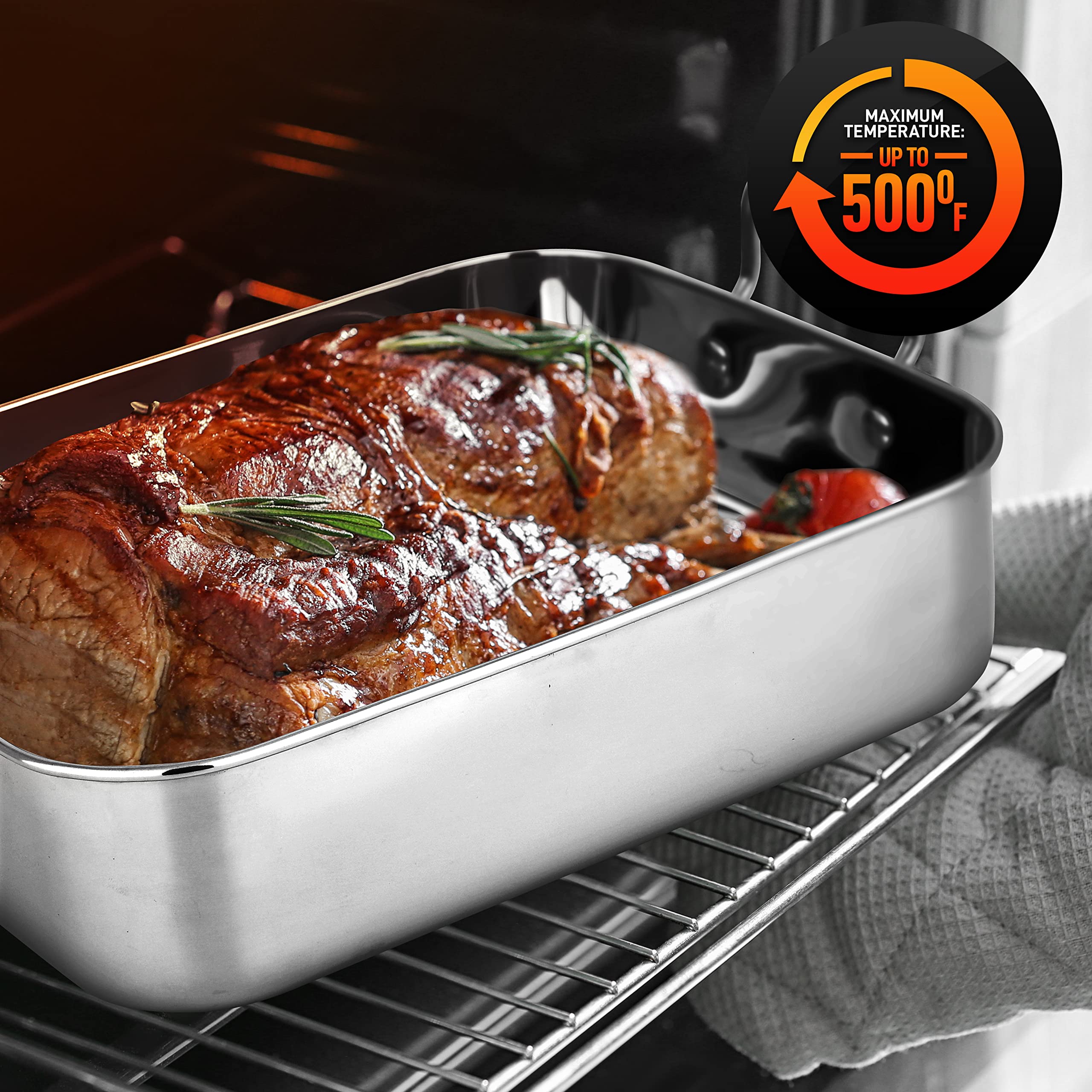 Nutrichef 14-Inch Stainless Steel Oven Roasting Pan With Polished Wire Rack - Kitchen Roaster Tray W/ Built-In Handles - Heavy D