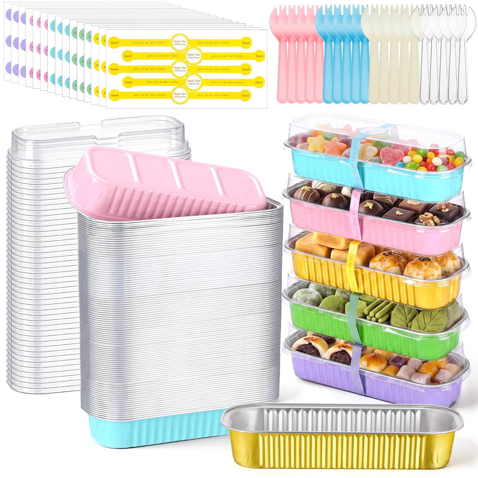 LemonRoad 300 Pcs Mini Loaf Pans with Lid Spoon Sticker 6.8oz, Multicolor