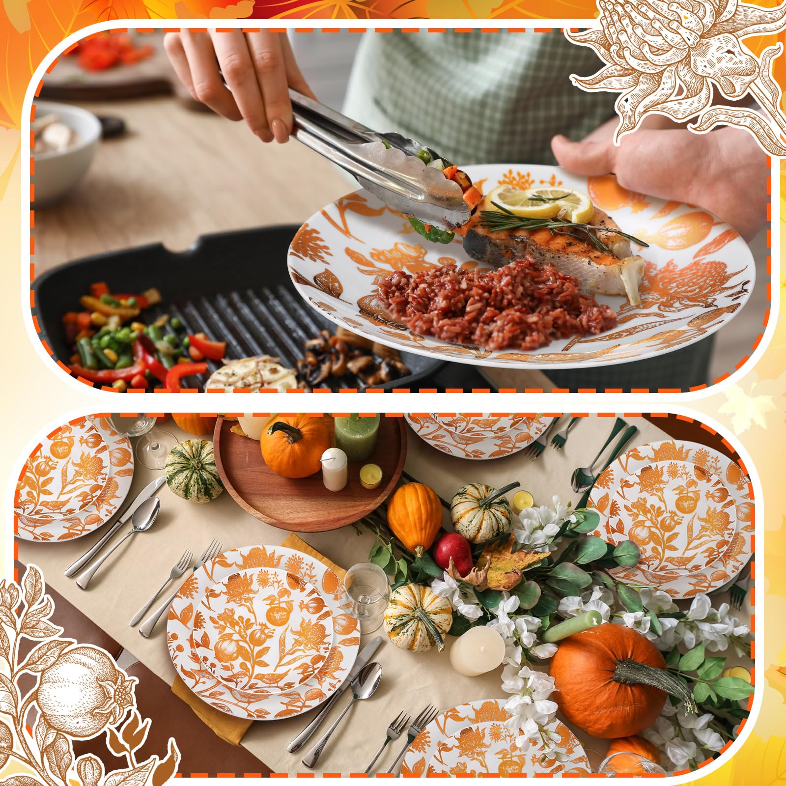 Suclain 60 Pcs Brown Fall Pomegranate Plastic Plates Thanksgiving Wedding Party Decoration Bulk 10.25 7.5 Dessert Dinner Dis