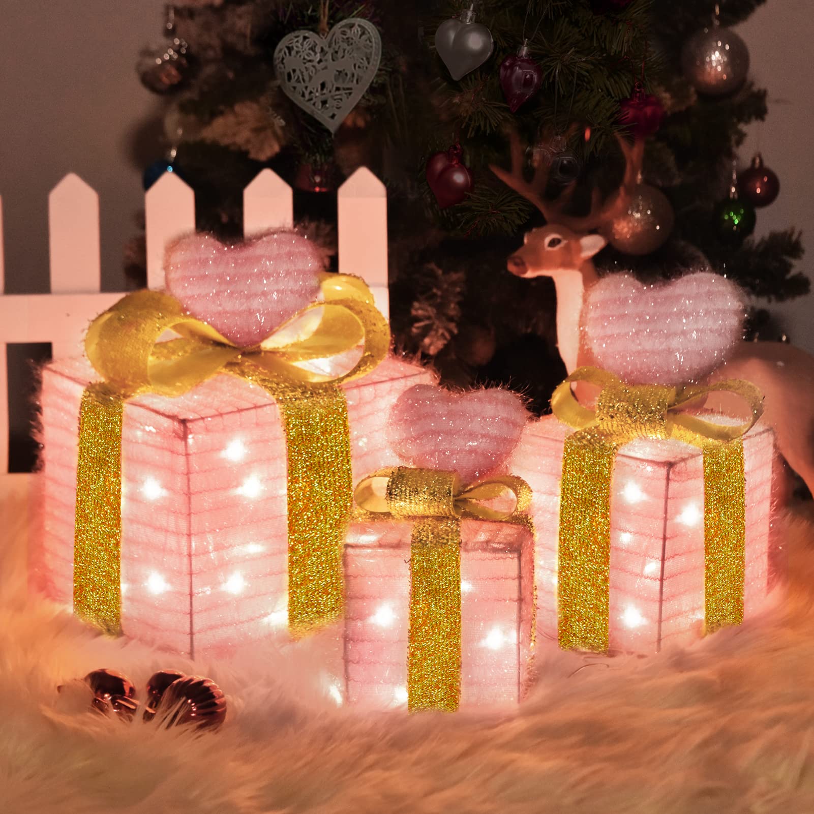 Christmas Light up Gift Boxes, Light up Xmas Boxes with Battery Operated for Christmas Decorations Indoor and Outdoor (3 Pack)