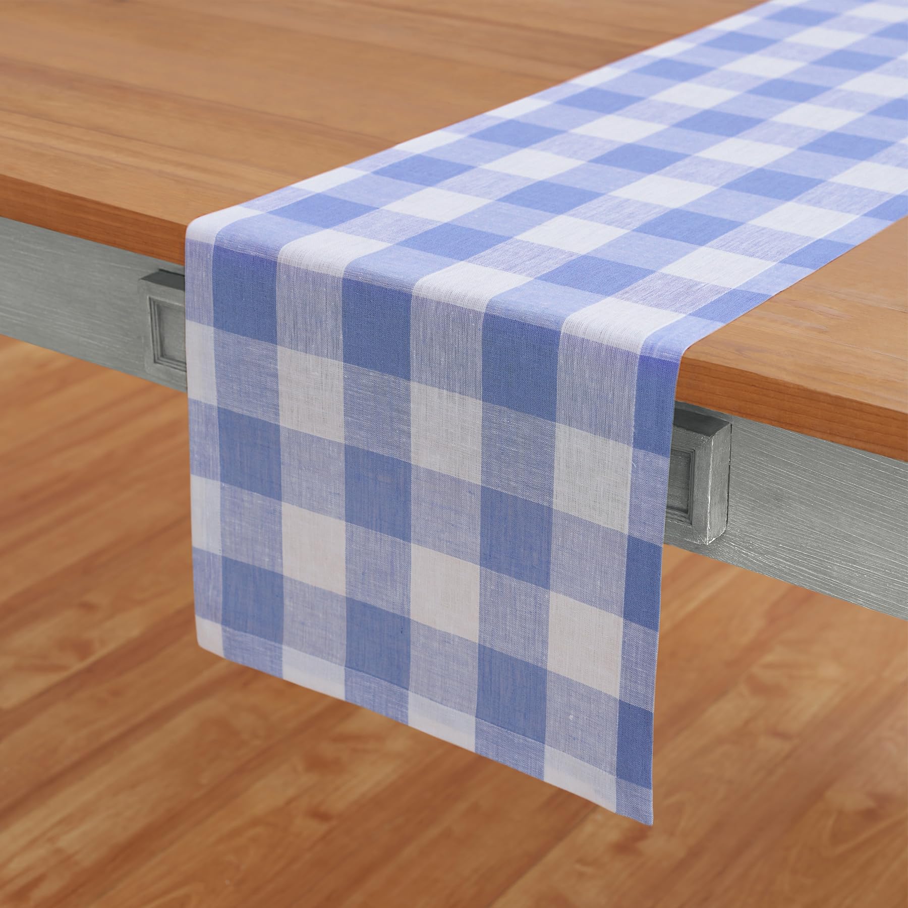 Solino Home Buffalo Check Linen Table Runner 72 Inches Long - 100% Pure Linen Hydrangea Blue Plaid Table Runner 14 X 72 Inch Ide