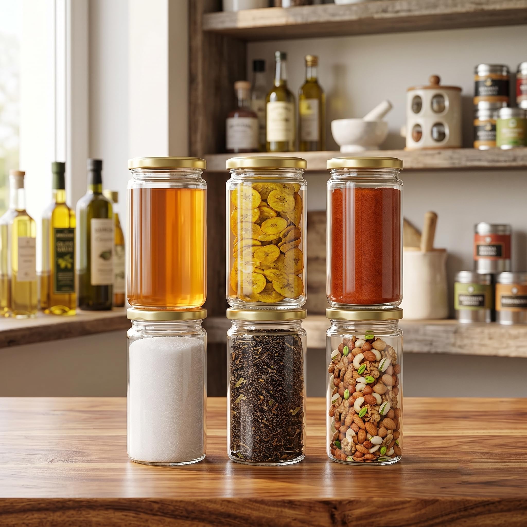 Avastro Kitchen Storage Bamboo Glass Jars For Sauce, Pickle, Cereal, Spice, Spaghetti Noodles (250 Ml, Transparent) Pack Of 6 C