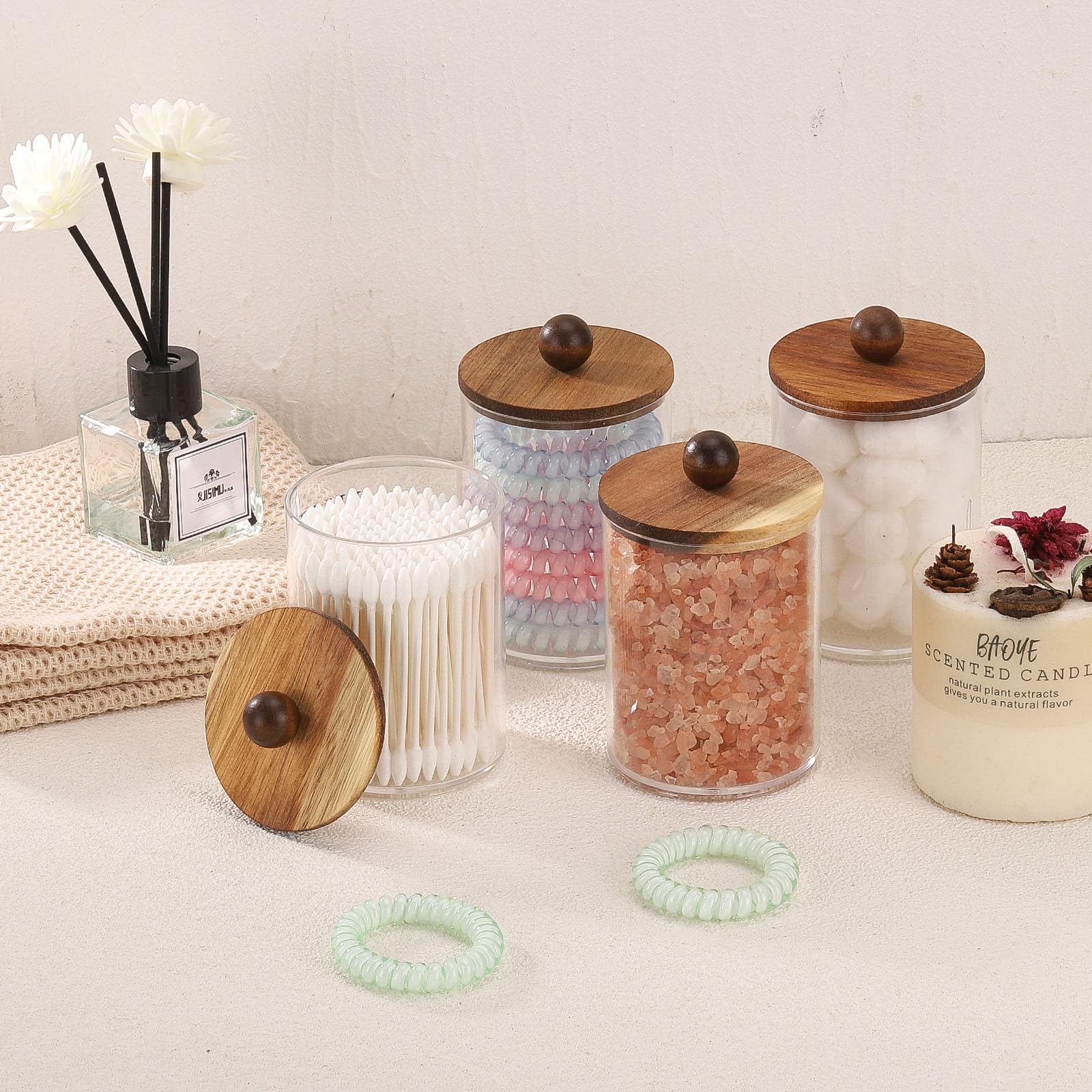 Tbestmax Qtip Holder With Wood Lids, 10Oz Plastic Apothecary Jars For Cotton Ball, Cotton Swab, Floss, Clear Bathroom Containers