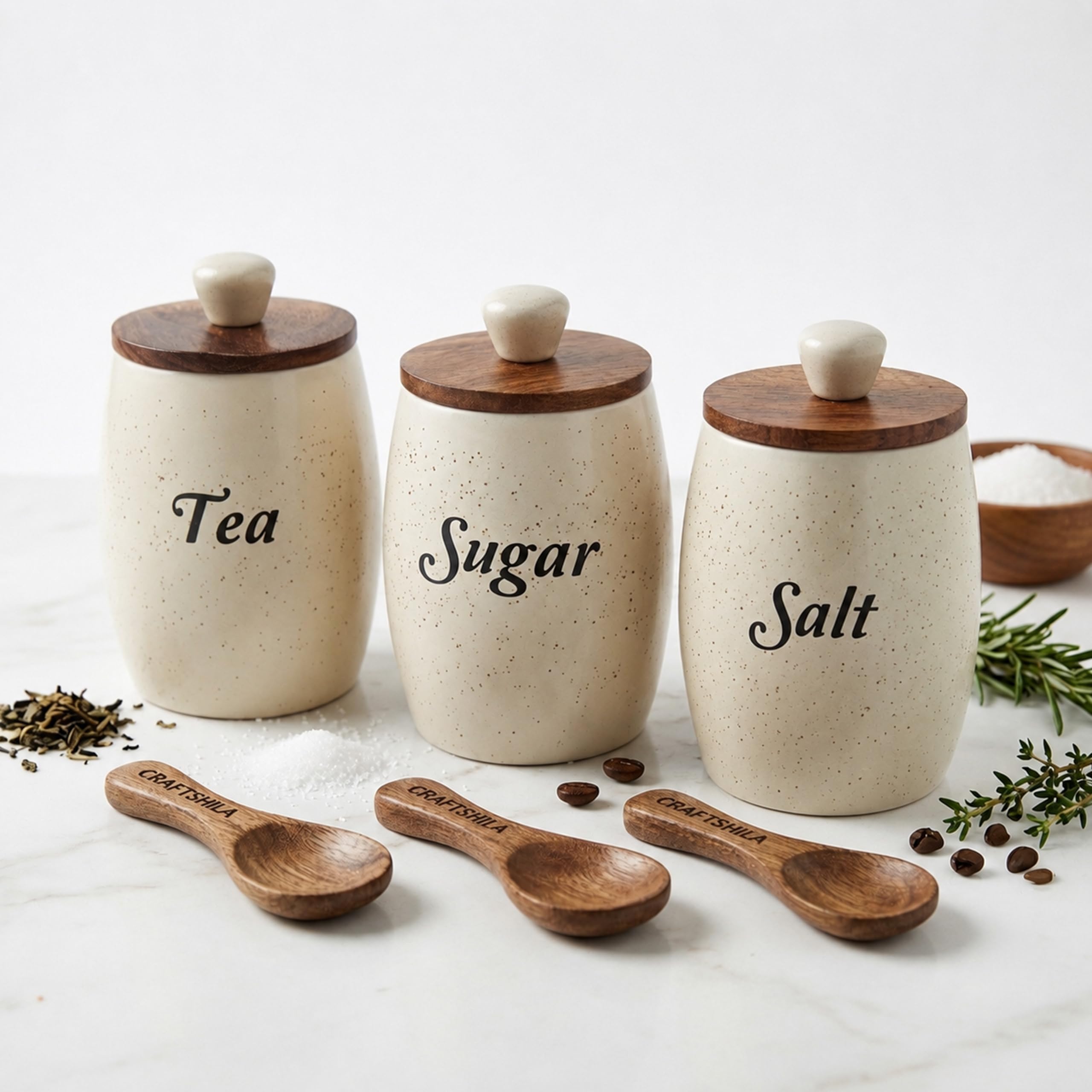Craftshila Ceramic Tea Sugar Salt Containers Set Of 3 With Wooden Spoons & Lids | Jar & Container For Kitchen Storage Set | Mult