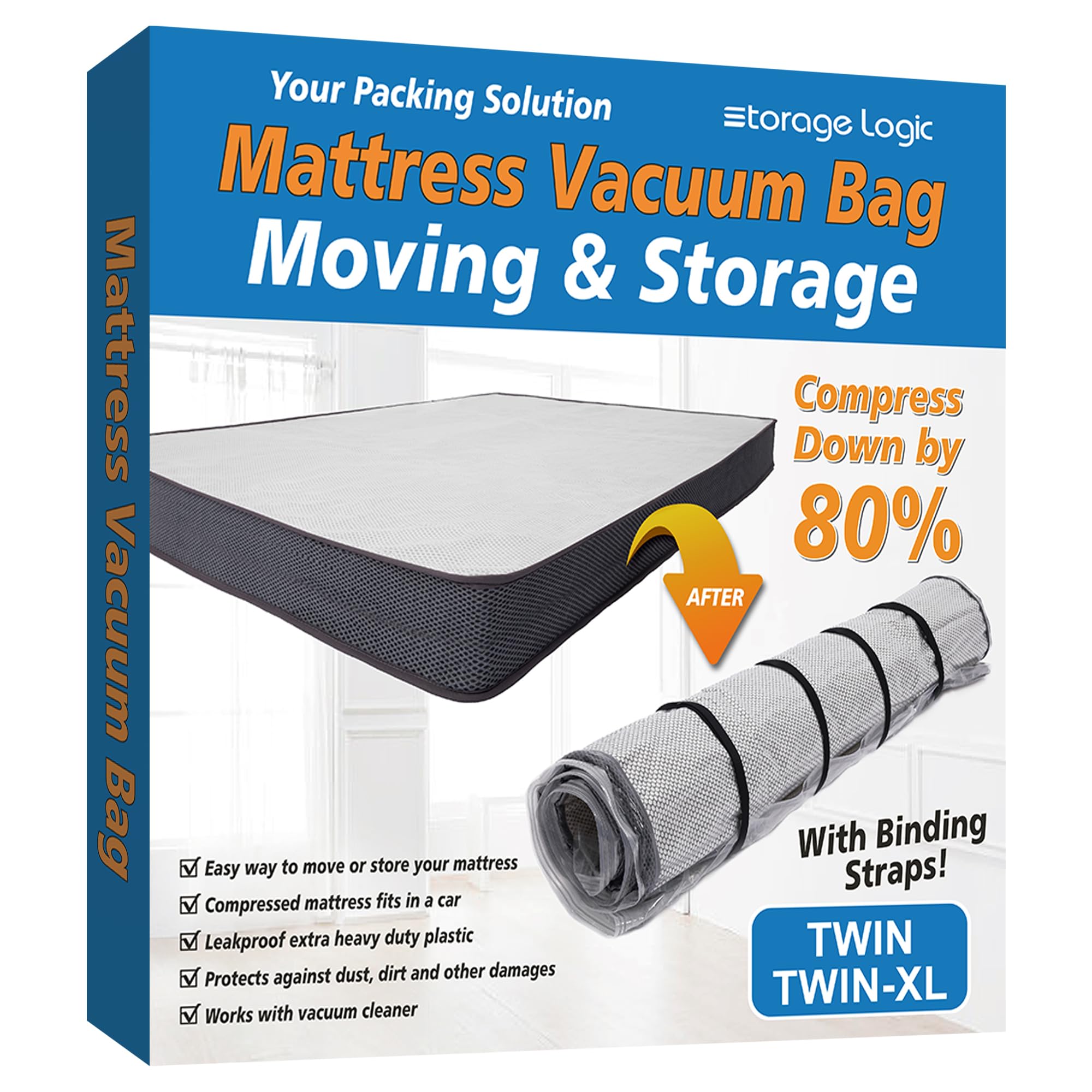 Twin/Twin Xl Foam Mattress Vacuum Bag For Moving, Vacuum Seal Storage Bag With Straps