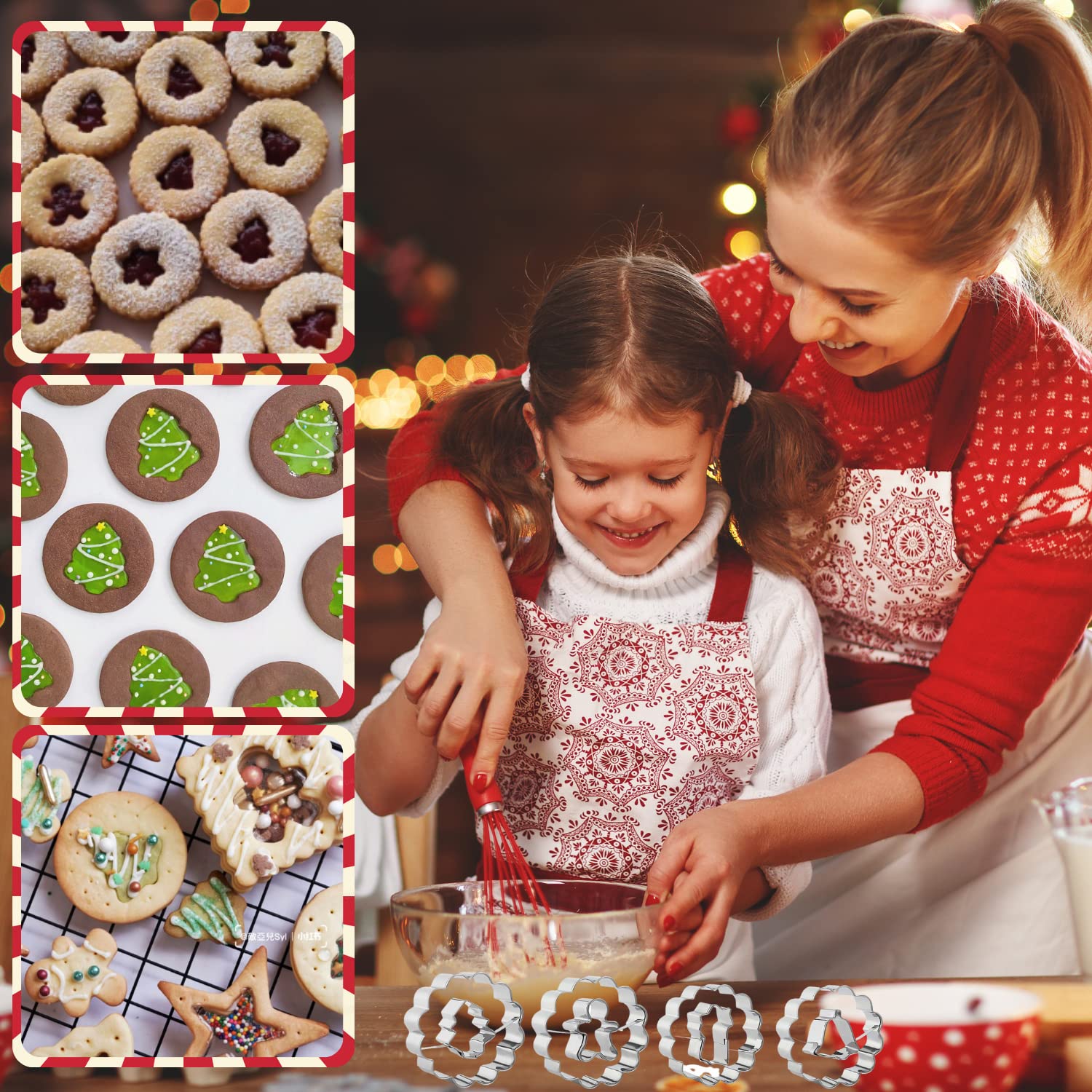 Crethinkaty 9 Pcs Mini Linzer Cookie Cutters Set, Stainless Steel - Christmas Tree, Gingerbread Man, Snowman, Elk for Winter Hol