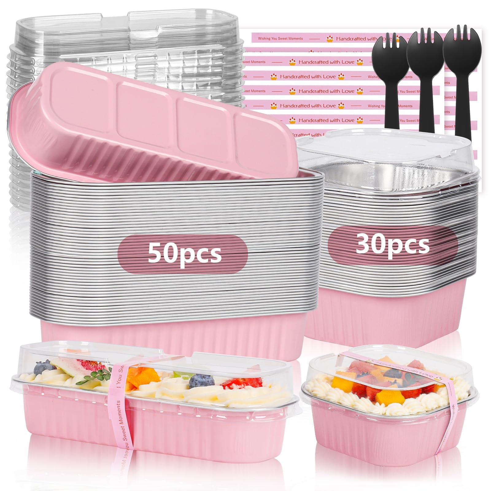 Yqer Mini Loaf Pans With Lids For Baking Bread Disposable, Mini Baking Pans With Lids And Spoons Pink Sticker, 50 Pcs 6.8Oz Mini