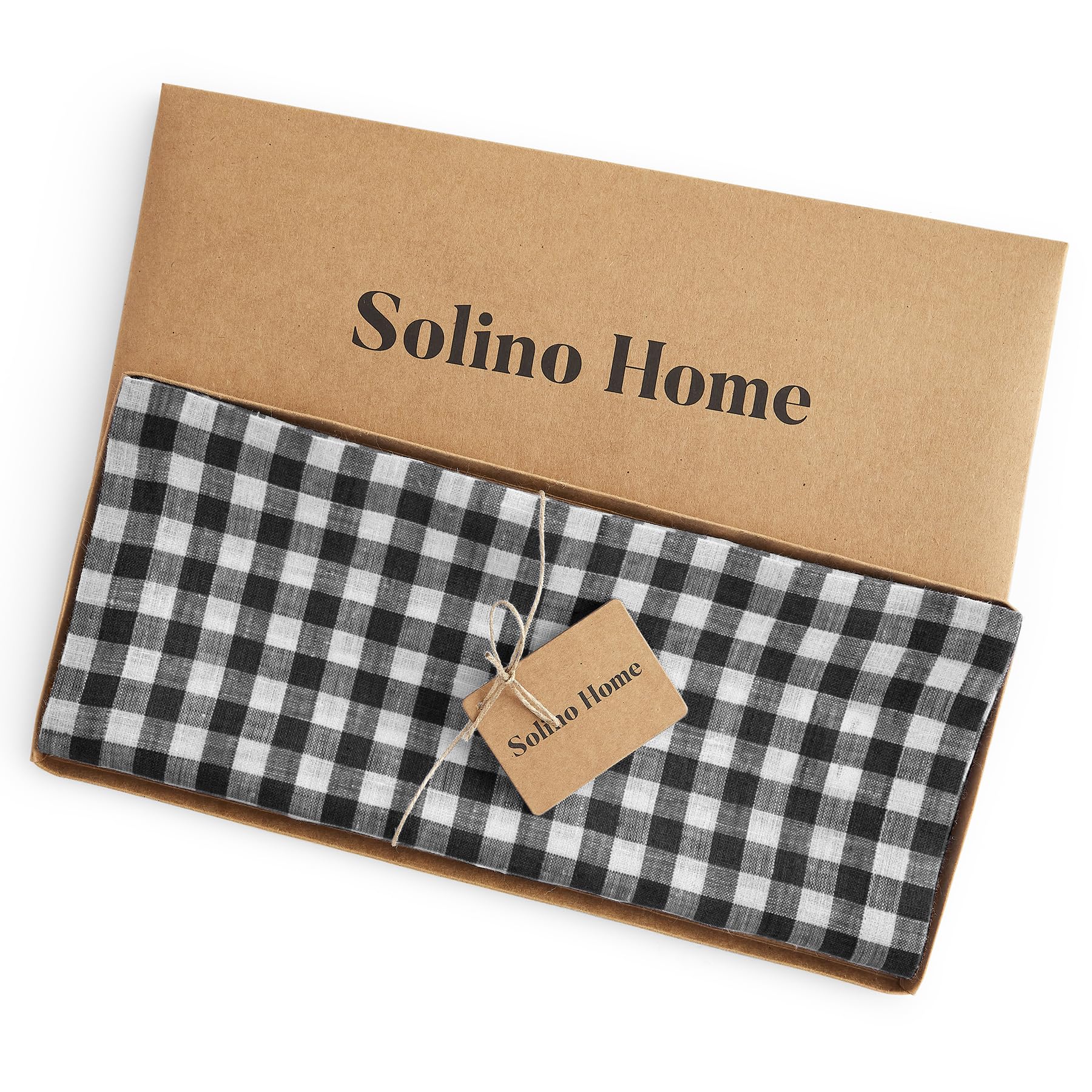 Solino Home Check Linen Table Runner 48 Inch - 100% Pure Linen Black Plaid Table Runner 14 X 48 Inch Ideal For Dresser And Coffe