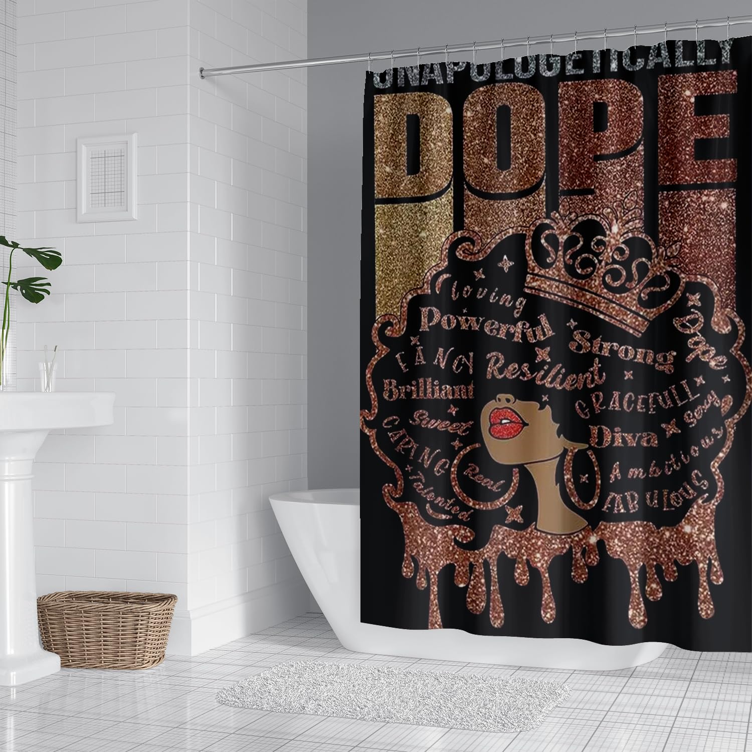 Black Woman Shower Curtain African American Fashion Afro Black Girl Shower Curtains Pink Rose Inspirational Motivational Quotes