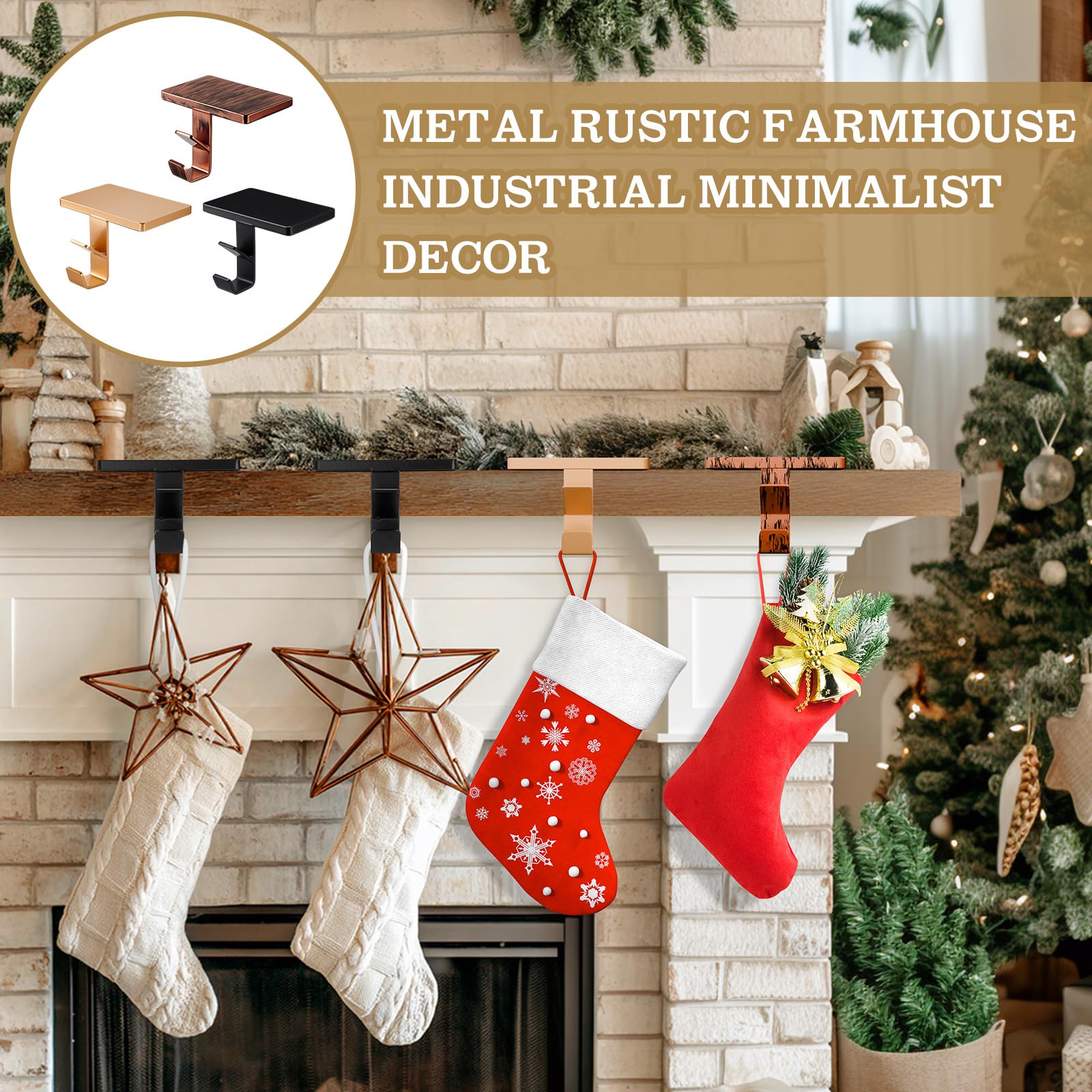 MorningRo 2 in 1 Fireplace Garland and Stocking Hangers for Mantel Heavy Duty Christmas Stocking Holders for Mantle Metal Garlan