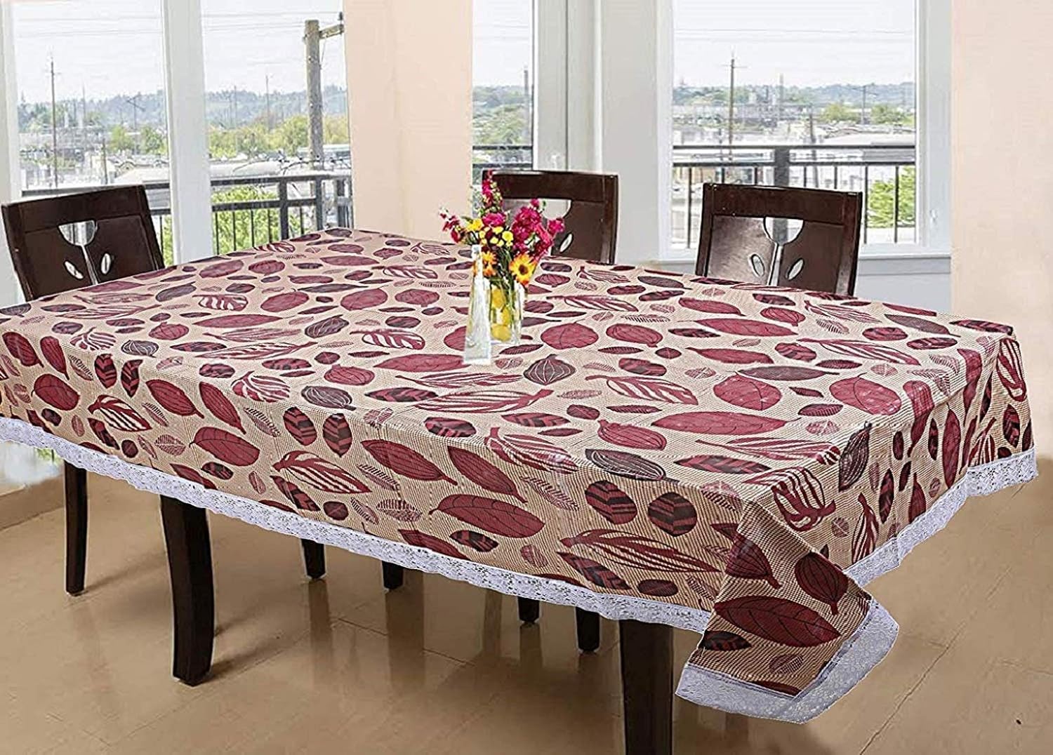 Kuber Industries Leaf Design Pvc 6 Seater Dining Table Cover 54''X78'' (Brown)-Ctktc32455