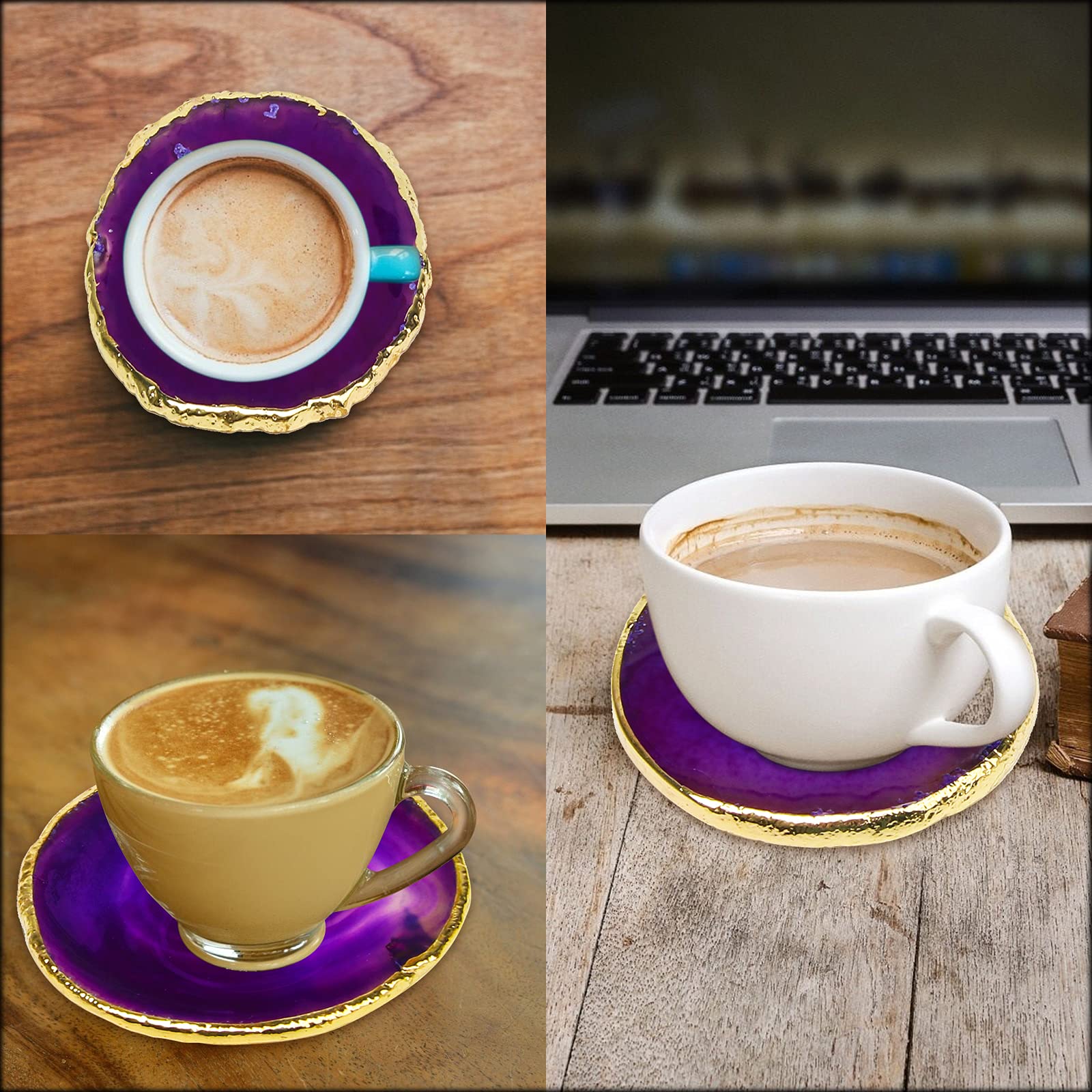 Purple Agate Coasters Set of 4 with Gift Box  Luxiv 3-4'' Agate Coasters for Drinks Natural Crystal Coasters with Gold Edge Brazilian Geode Stone Coaster for Coffee  Drinks  Tea (Purple  3-4 inches)