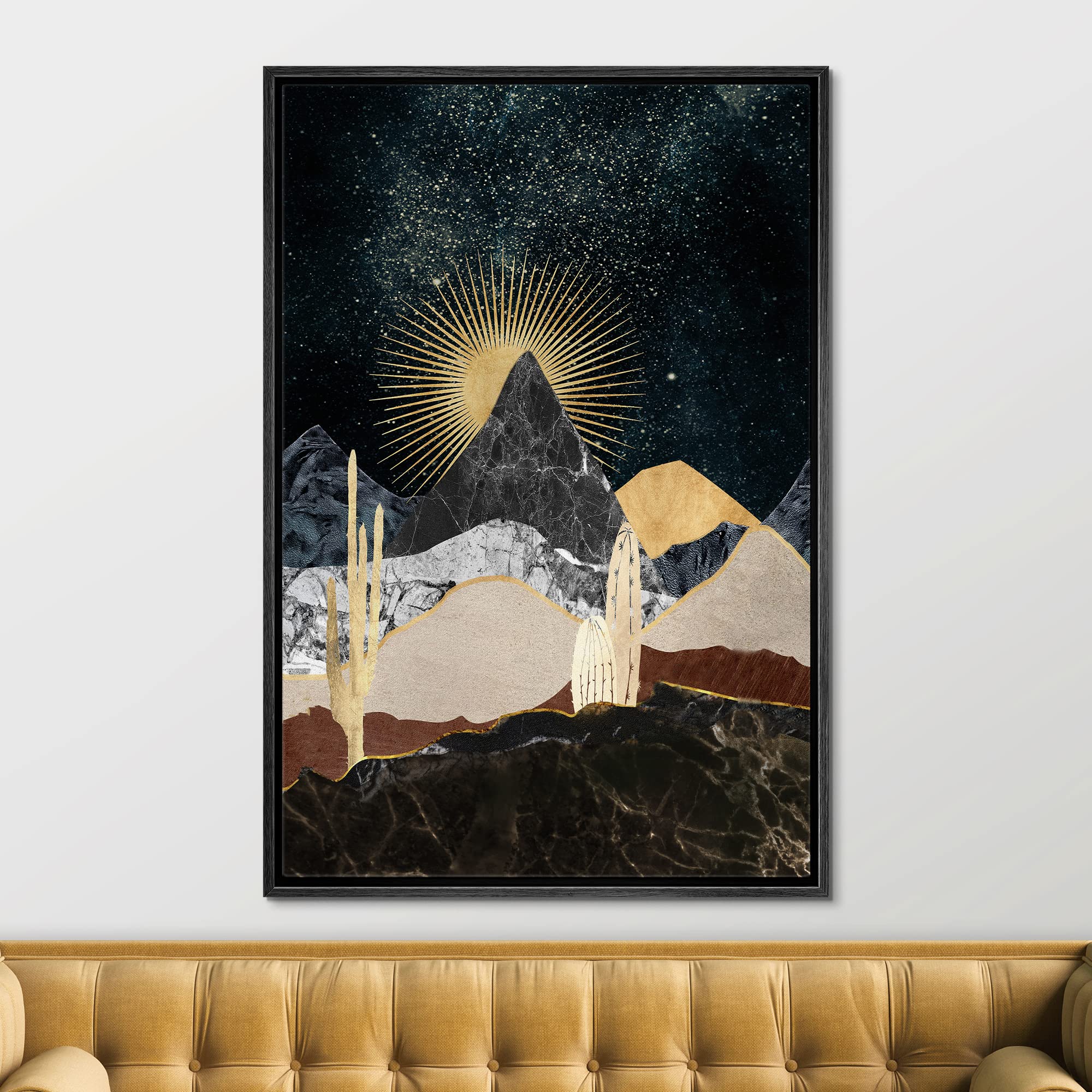 Signford Framed Canvas Print Wall Art Gold Sunlight Granite Mountain Cactus Nature Wilderness Illustrations Modern Art Decorativ
