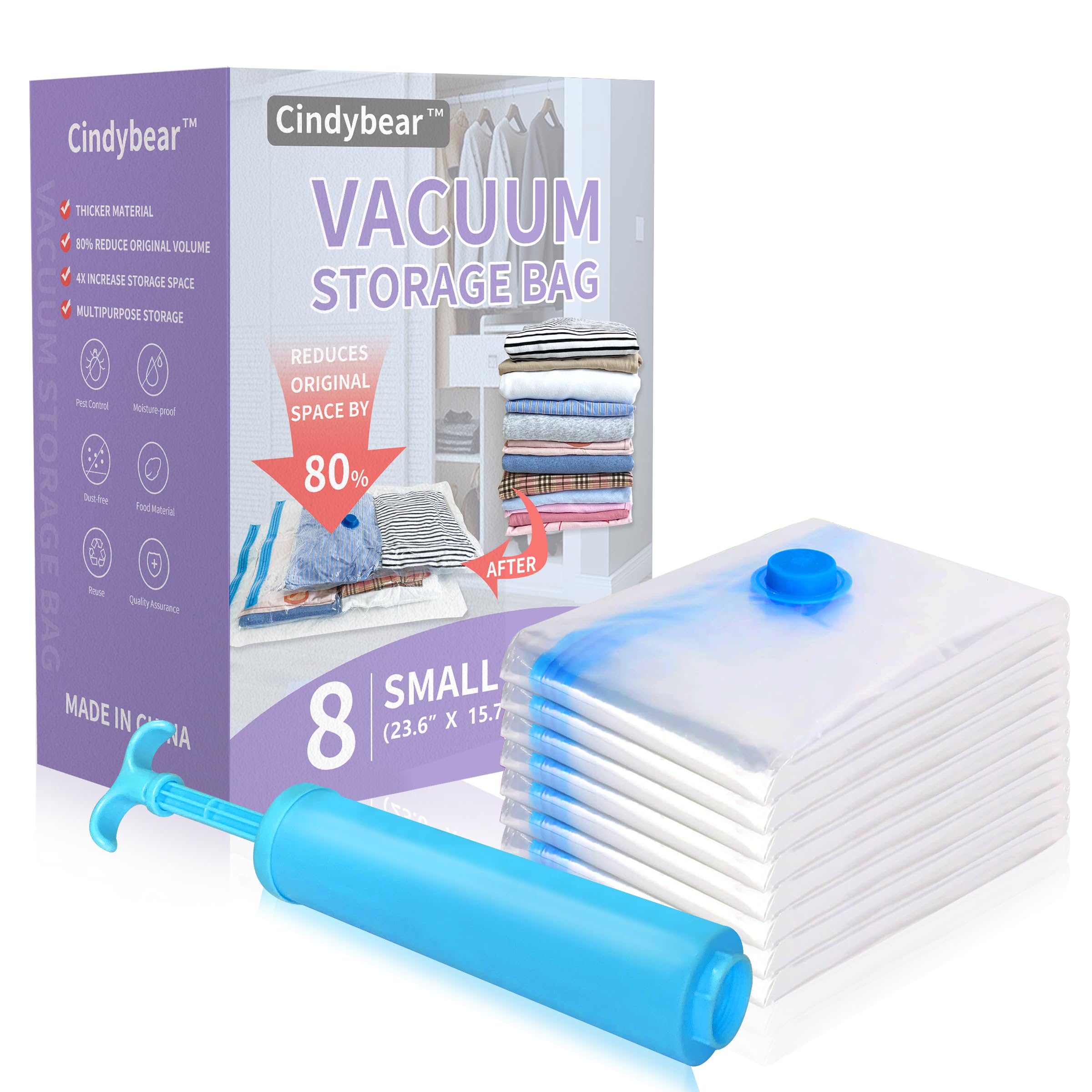 8 Pack Small Vacuum Storage Bags,Cindybear Space Saver Bags With Hand Pump,Vacuum Sealer Bags For Clothing,Comforters,Blankets,B