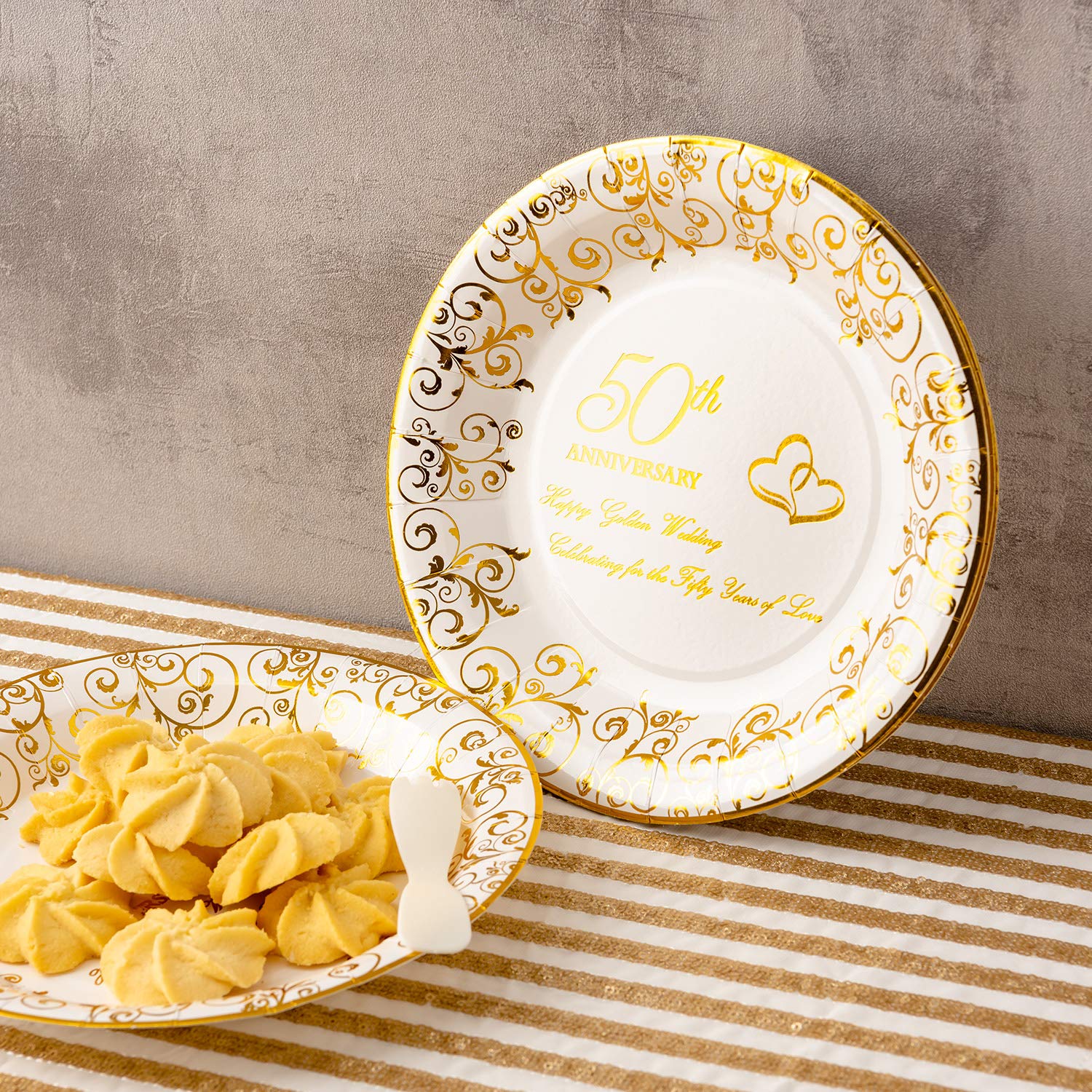 Crisky 50Th Anniversary Gold Plates, Golden Wedding Anniversary Party Decorations Dessert, Buffet, Cake Disposable Plates, Celeb
