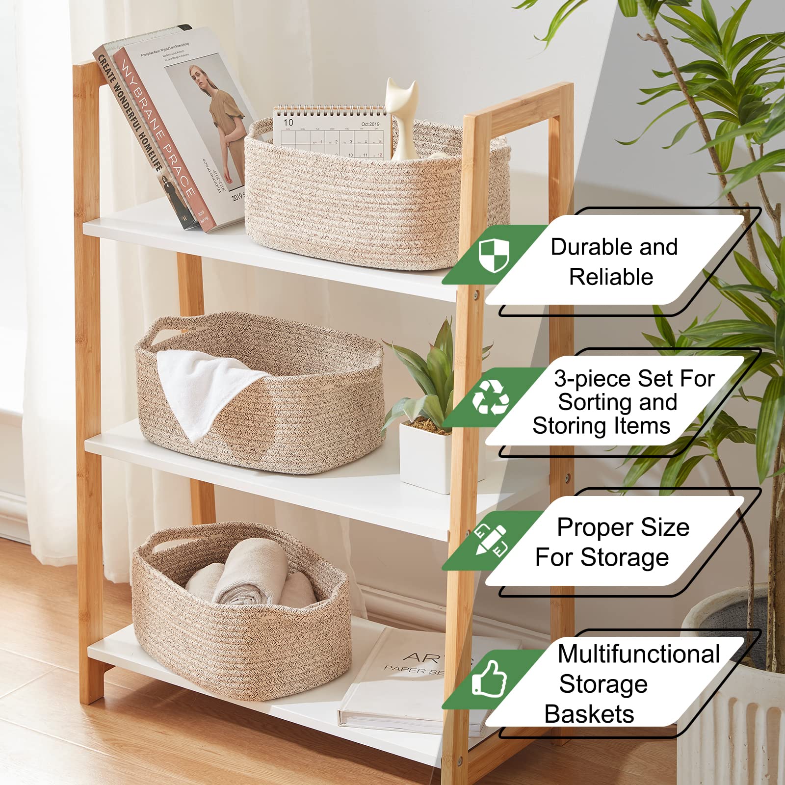 Oiahomy Cotton Rope Baskets, Woven Baskets For Storage, Nursery Storage Baskets, Rectangle Storage Basket With Handles, Storage