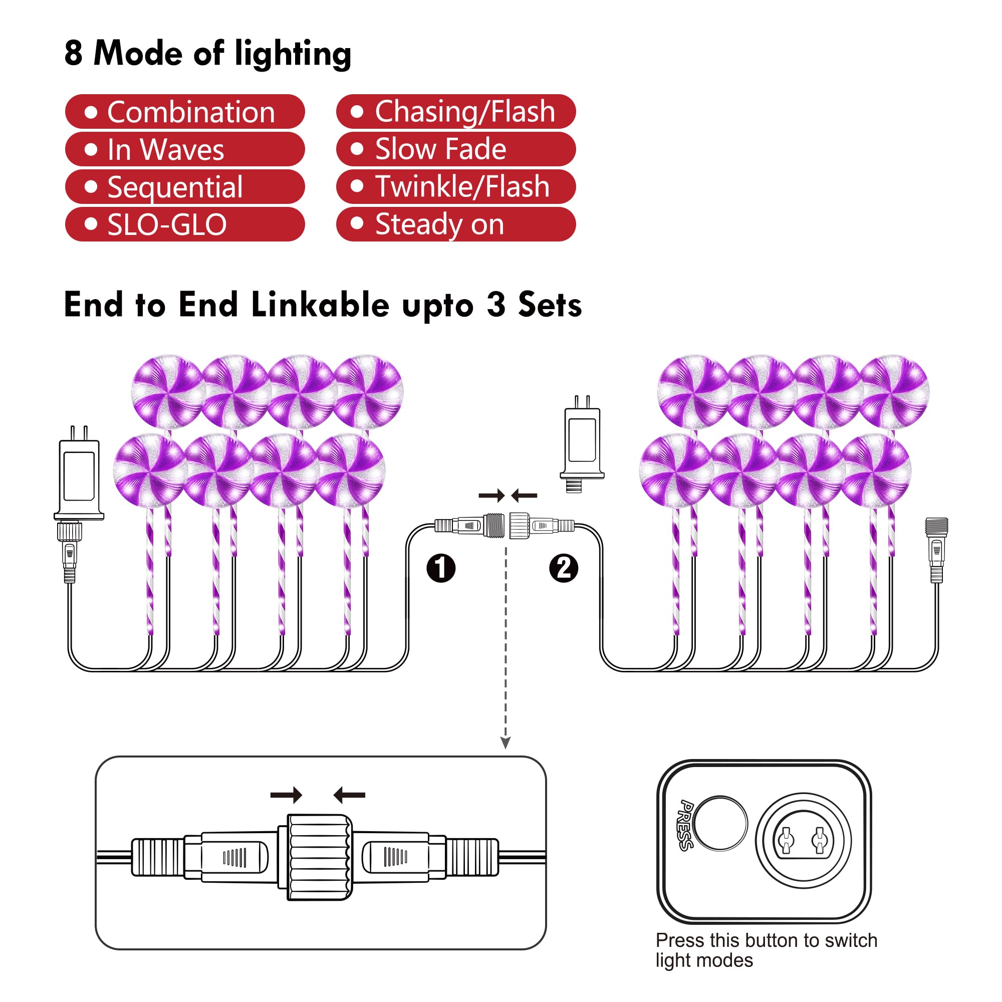 VINEROOF 8PK 28inch 8 Modes Christmas Lollipop Light for Outdoor Decorations Flashing Pathway Lights (Purple)