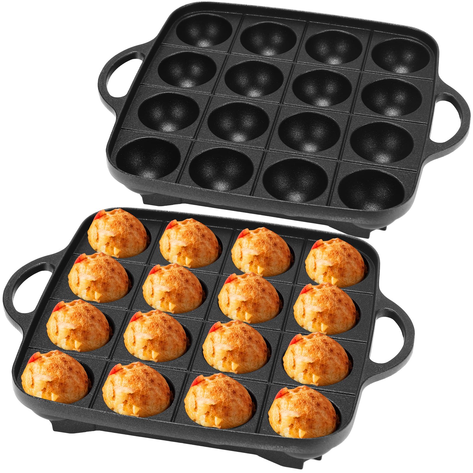 Acellegic 2 Pack Takoyaki Grill Pan 16 Holes Japanese Octopus Ball Maker Baking Pan Meatball Nonstick Grill Cooking Stovetop Egg