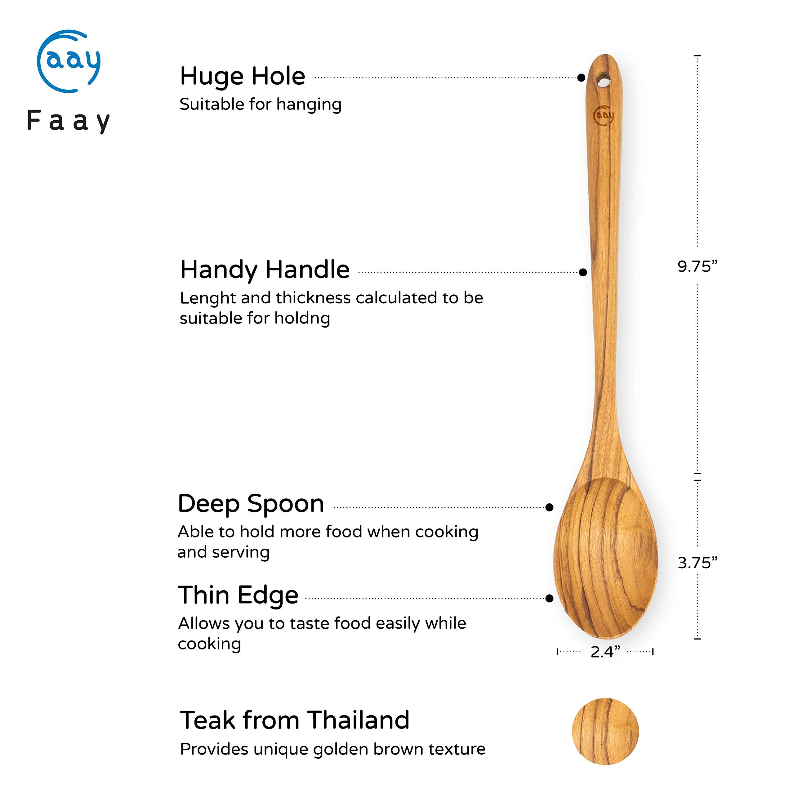 Faay 13.5'' Teak Cooking Spoon, Wooden Spoon, Mixing Spoon Handcraft From Teak | Healthy And High Moist Resistance For Non Stick