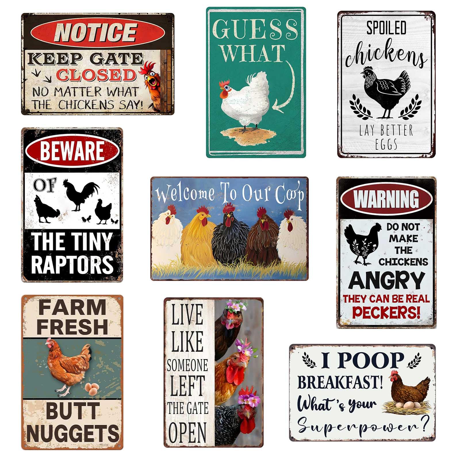 Funny Chicken Coop Signs Outdoor Decor - Personalized Metal Farm Signs for Outdoors, Vintage Chickens Tin Sign 8x12 Inches (9-Pa