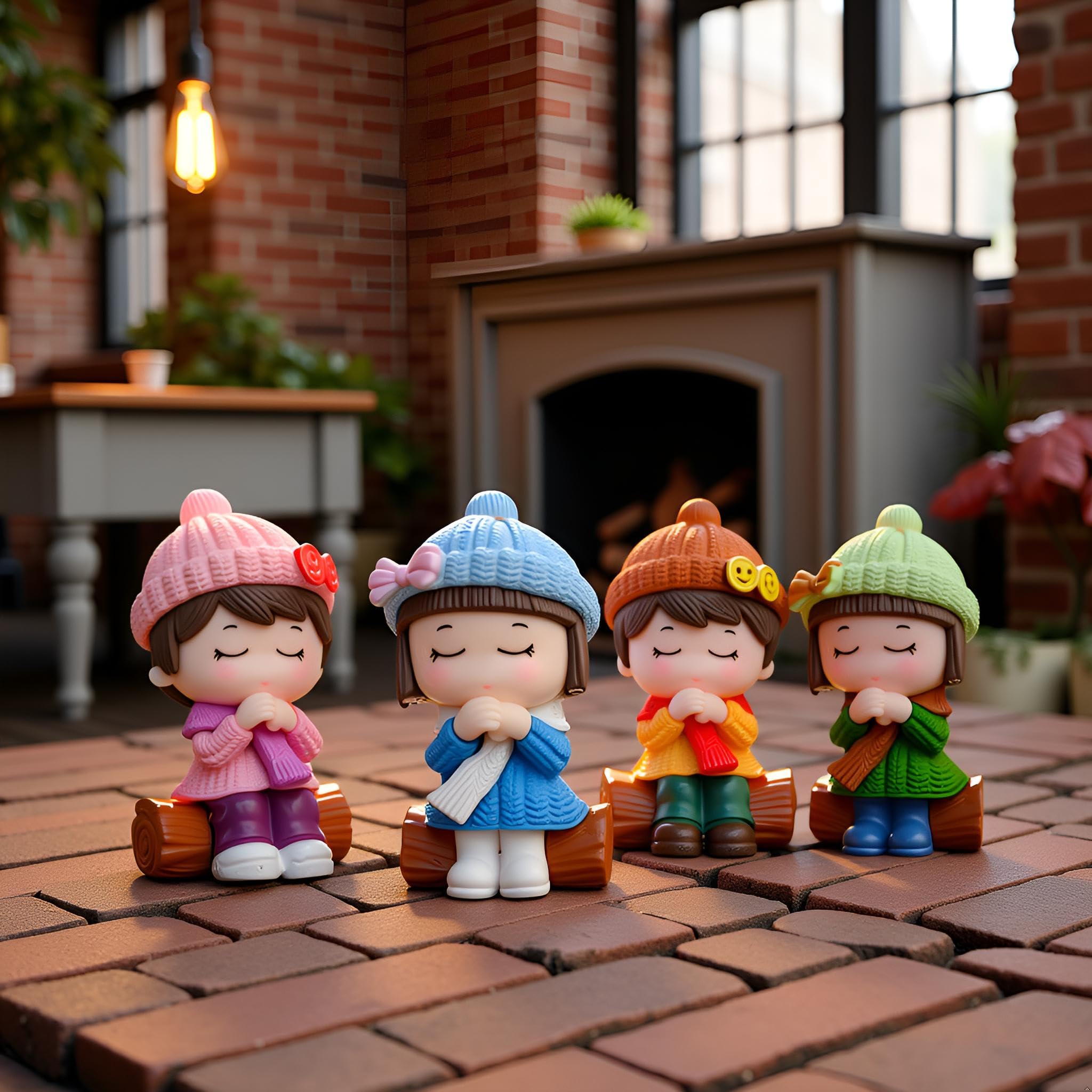Spiaty Pvc Cute Winter Figurine Collection, Set Of 4, Decorative Dolls With Knitted Hats, Car, Home And Office Decor