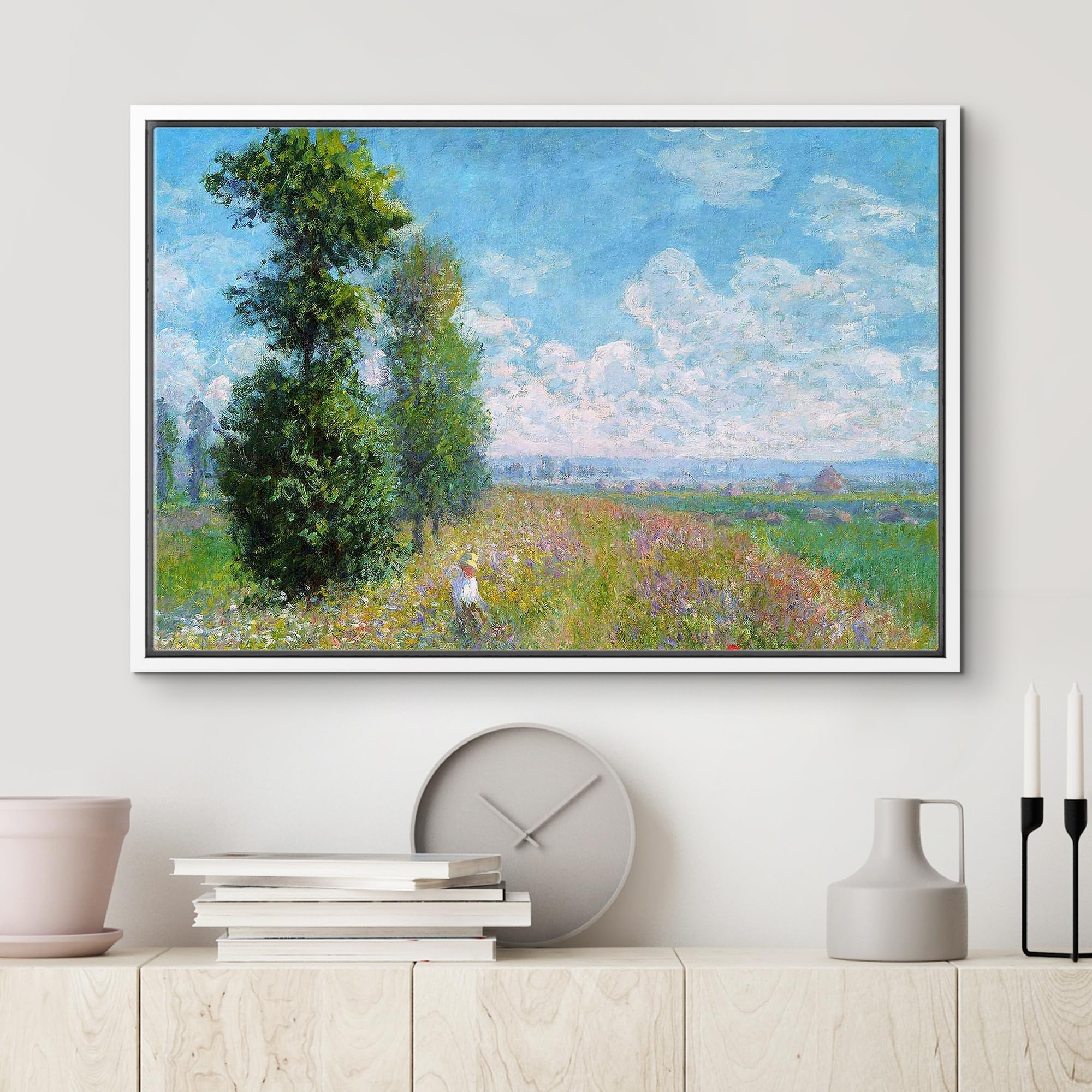Wall26 Meadow With Poplars By Claude Monet - Impressionist Modern Art - Framed Canvas Art Home Art - 16''X24'' White