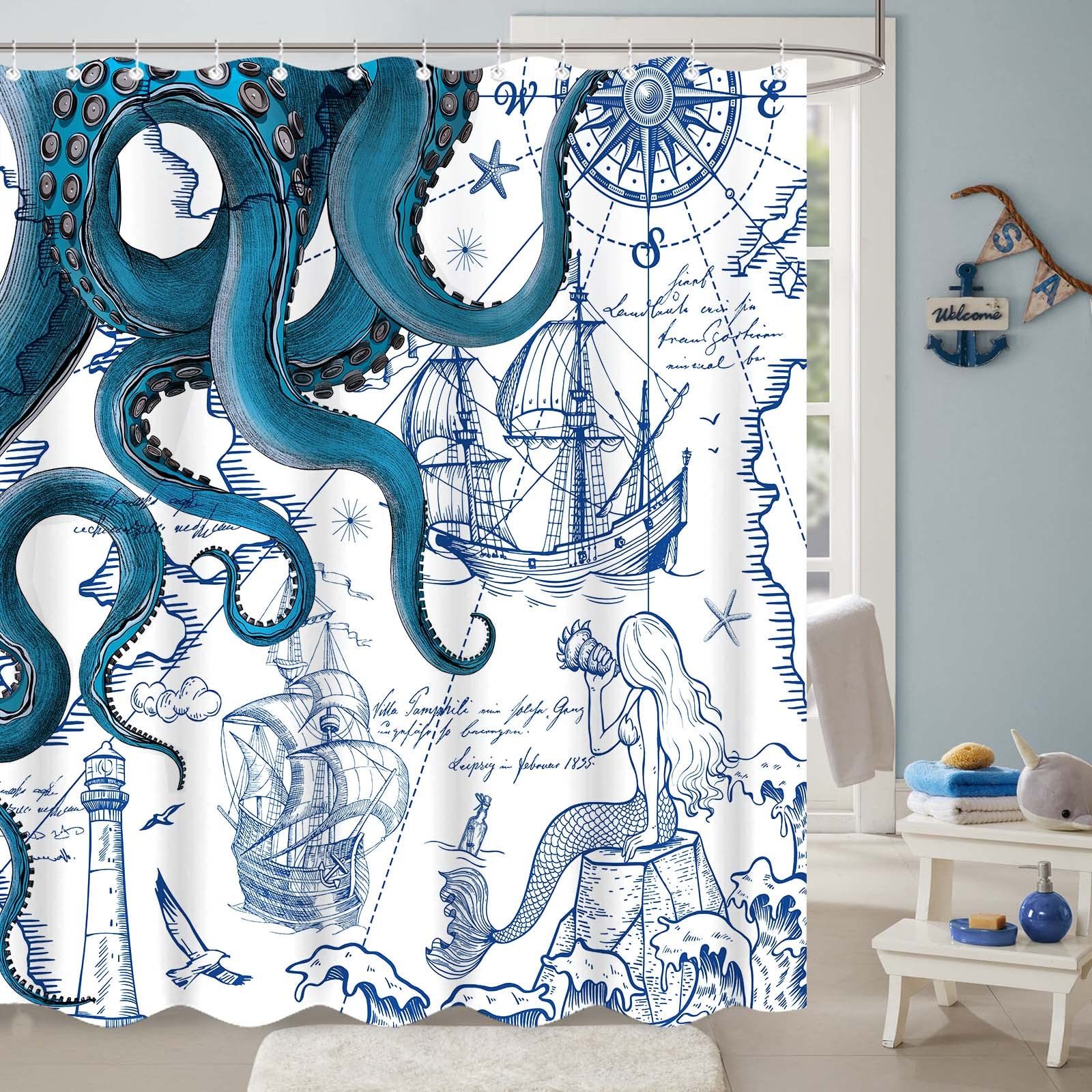 Fungarth Blue Nautical Octopus Shower Curtain Navy Mermaid Funny Ocean Kraken Shower Curtains For Bathroom Cool Anchor Coastal M