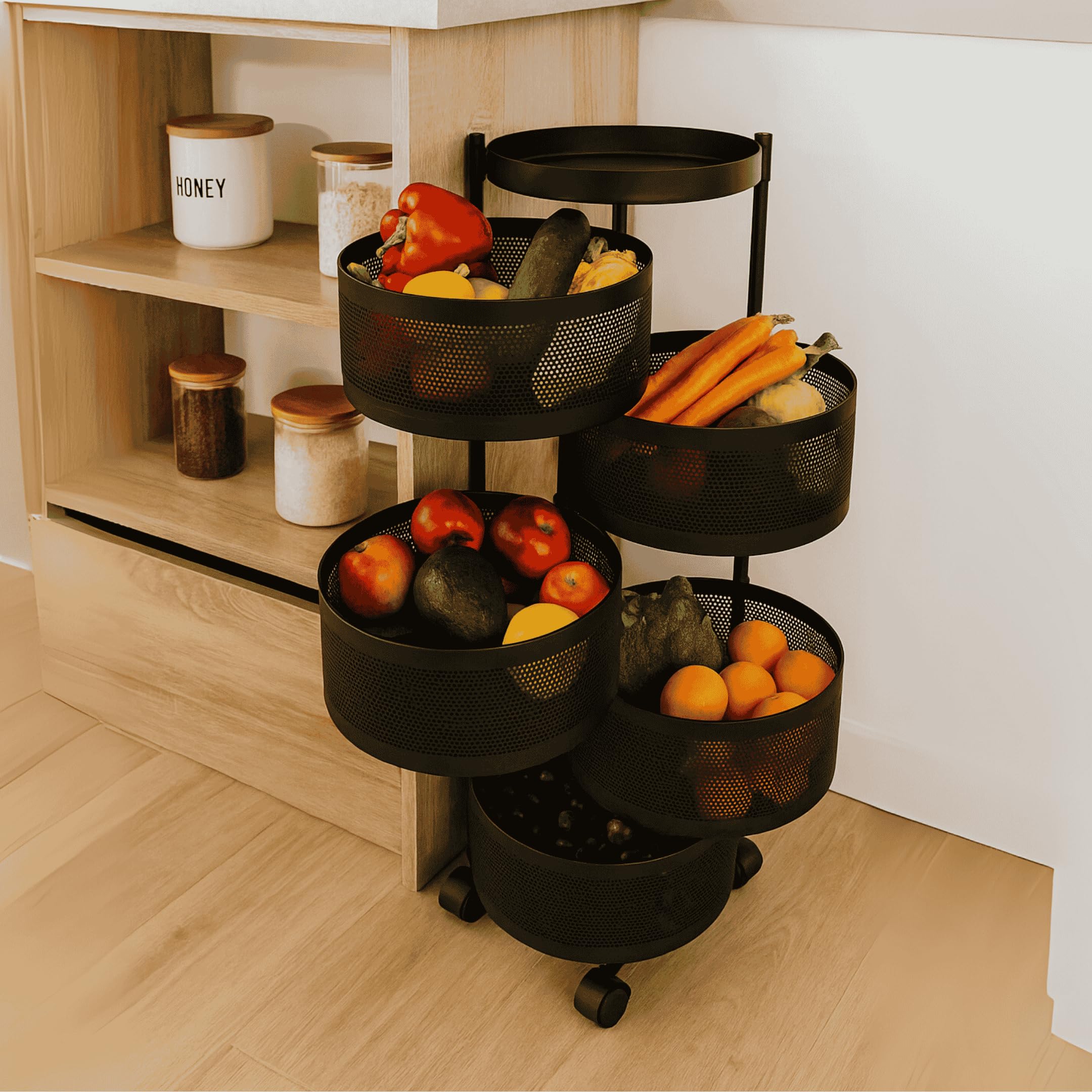 Homegrits 5 Layer Round Kitchen Storage Trolley - Black Metal Revolving Basket Rack With Wheels - Space-Saving Organizer For Kit