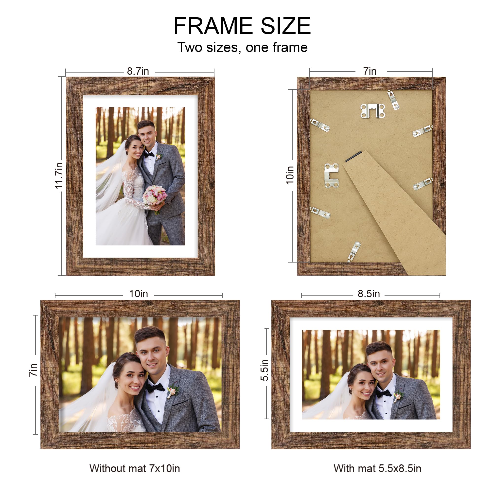 Hongkee 7x10 Picture Frame Set of 4, Made of Real Glass and Rustic Brown Frame - Display Picture 5.5x8.5 with Mat or 7x10 Withou