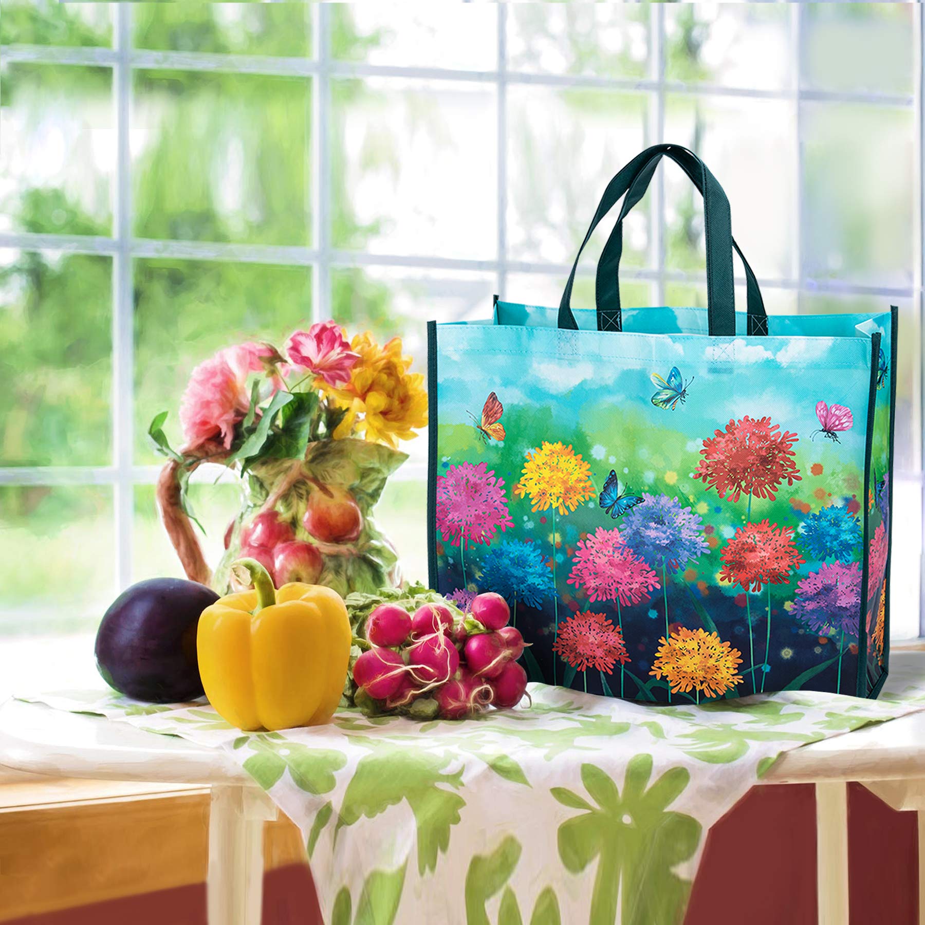 Nymphfable 6 Pack Grocery Bags Reusable Butterflies Colorful Flowers Shopping Bags Washable Foldable Tote Bag 50Lbs