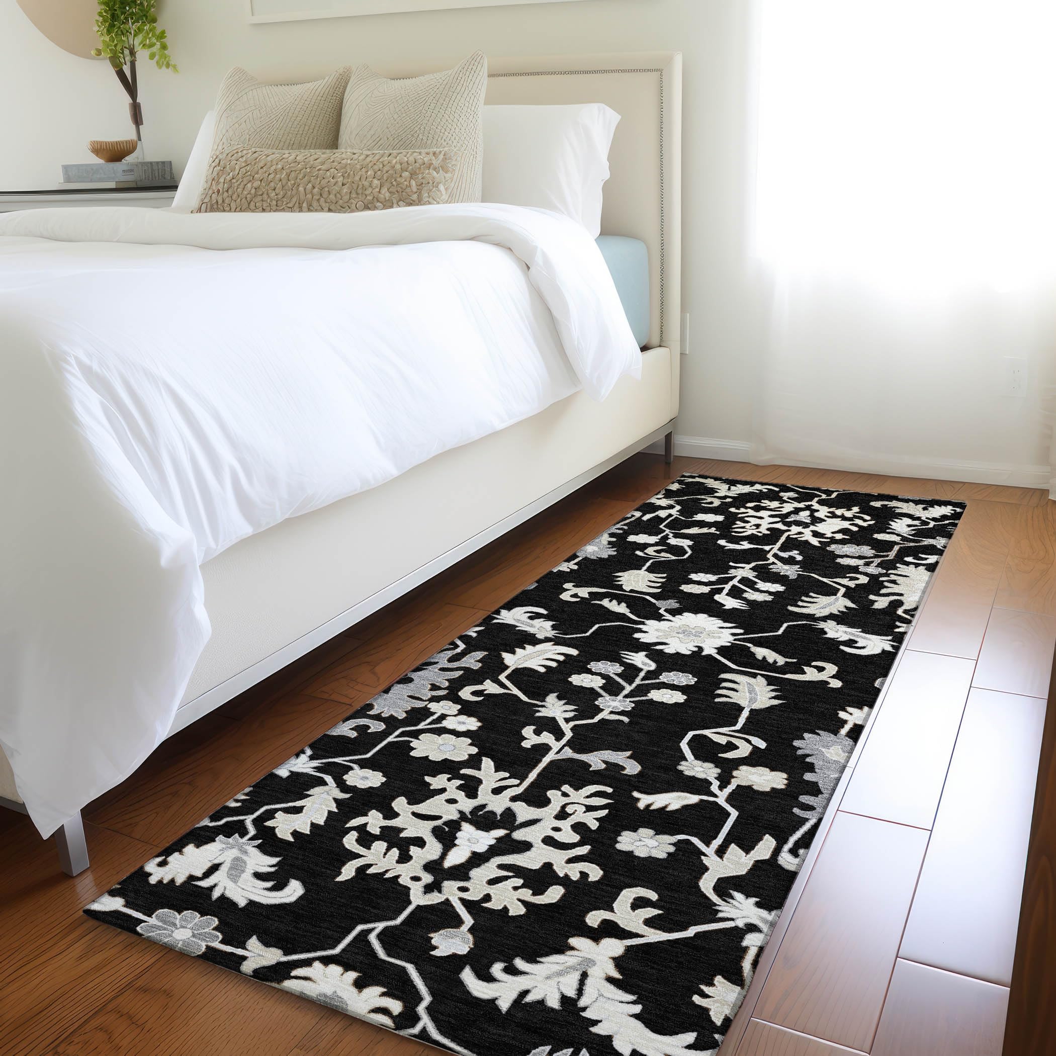 Machine Washable Indoor/Outdoor Chantille Black 23 x 76 Runner Rug