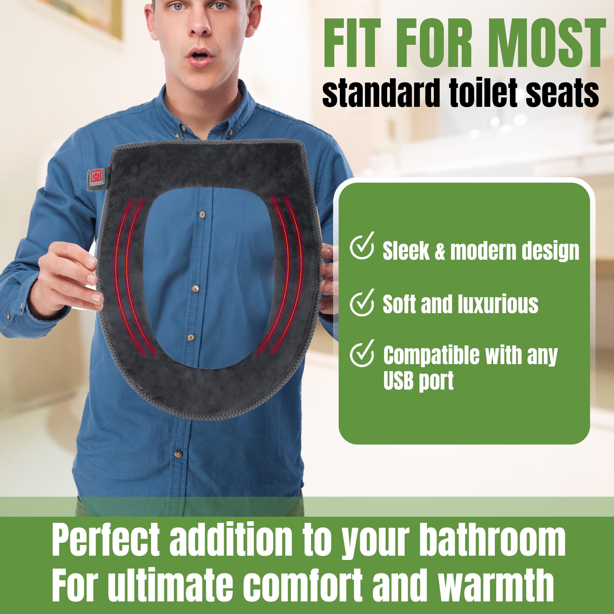 Hudson Comfort Heated Toilet Seat Cover - USB Powered, Adjustable Temperature, Soft Plush Fabric, Round, Gray