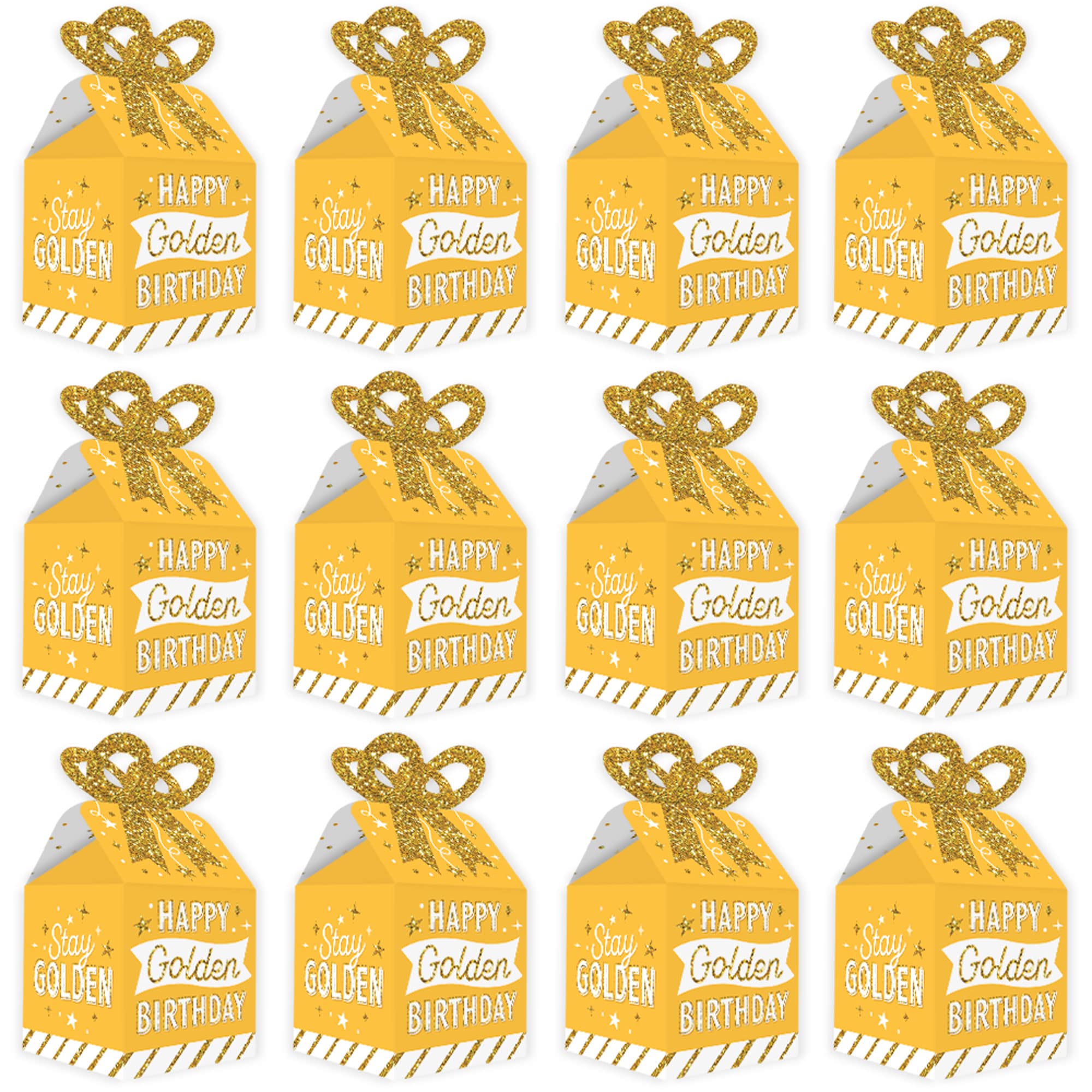 Big Dot Of Happiness Golden Birthday - Square Favor Gift Boxes - Happy Birthday Party Bow Boxes - Set Of 12
