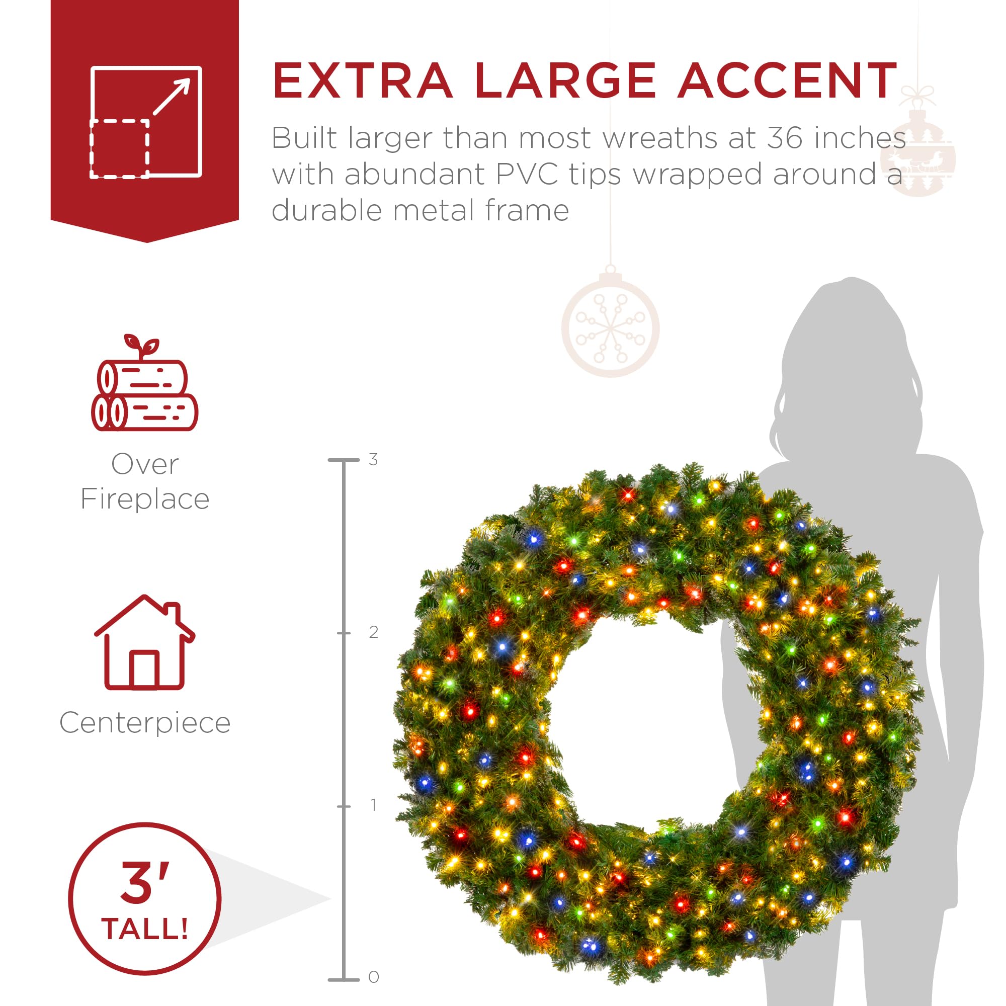 Best Choice Products 36in Pre-Lit Fir Christmas Wreath with 150 Multicolor Lights, 300 PVC Tips - Holiday Decoration
